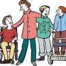 Das Bild ist ein Piktogramm, auf dem vier Menschen mit und ohne Behinderung zu sehen sind. Piktogramm: Reinhild Kassing