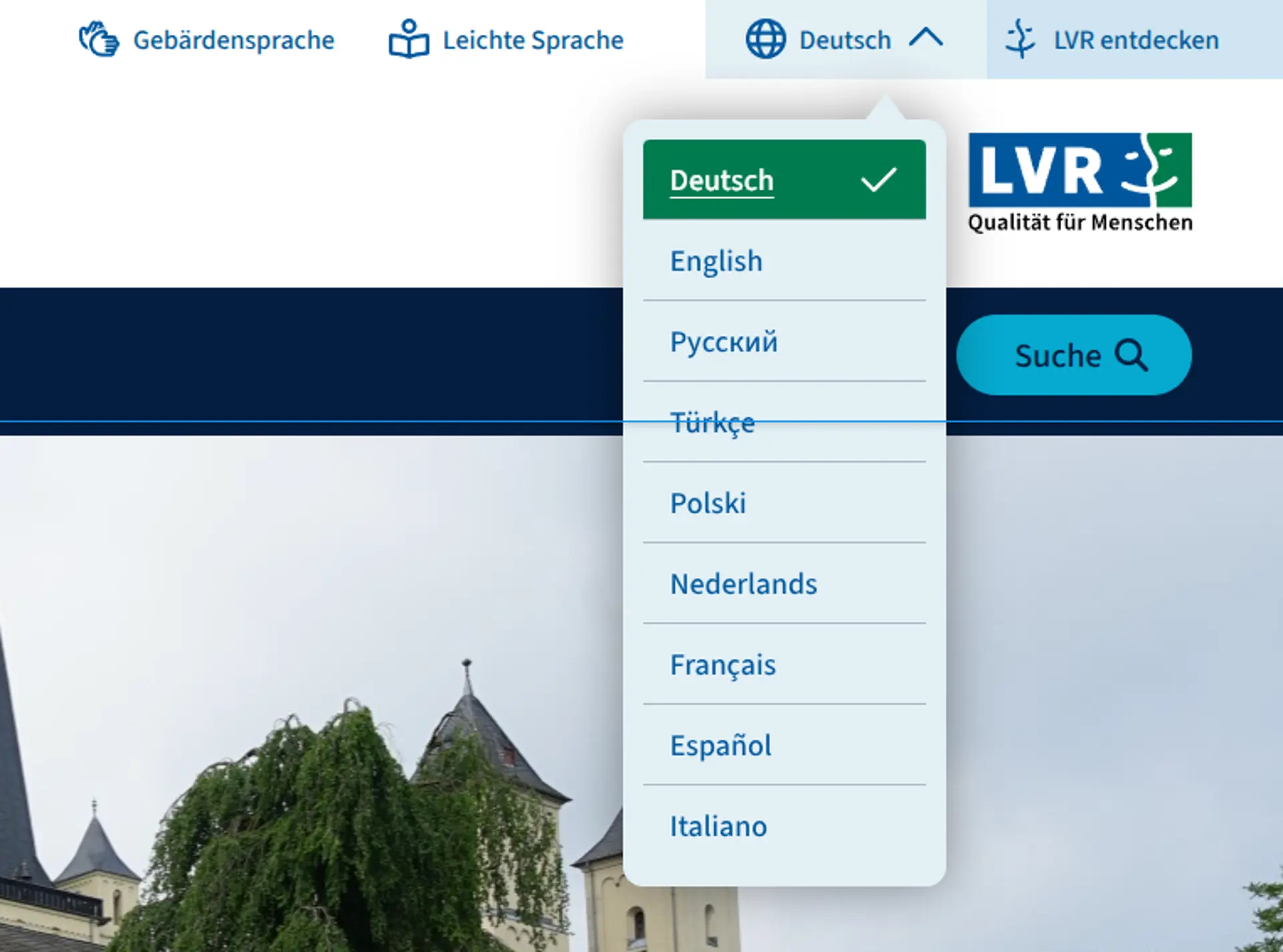 Screenshot des Menüs mit der Sprachauswahl
