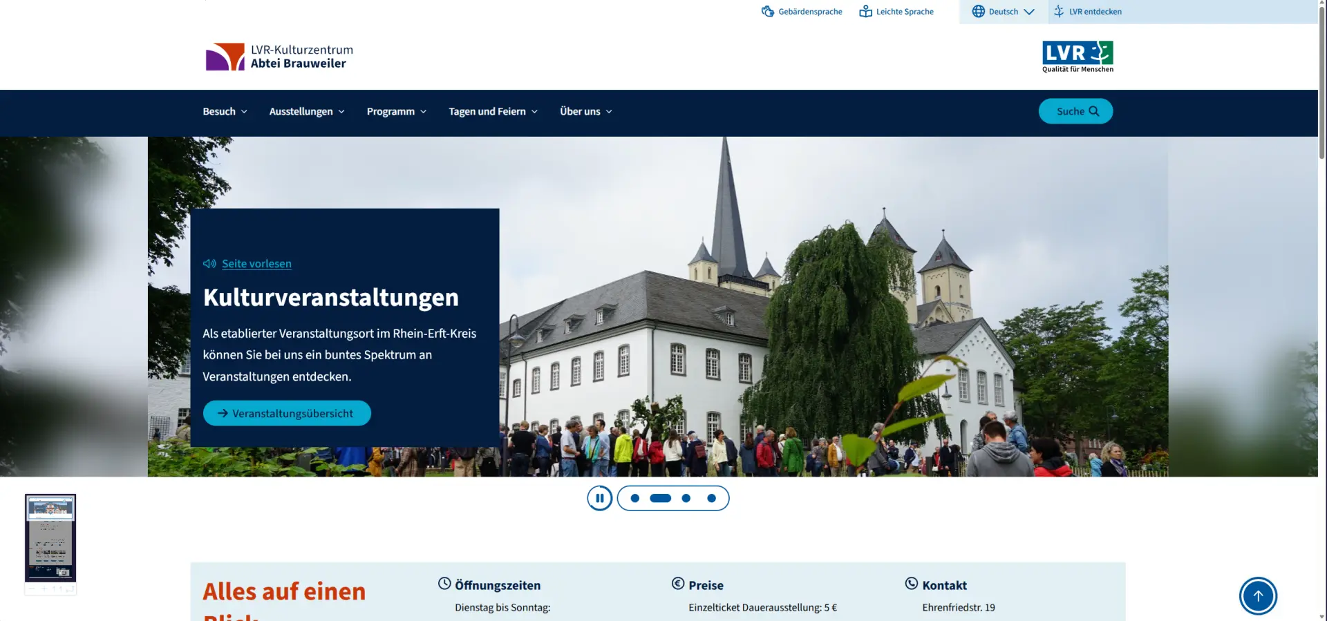 Screenshot des oberen Bereichs der Startseite