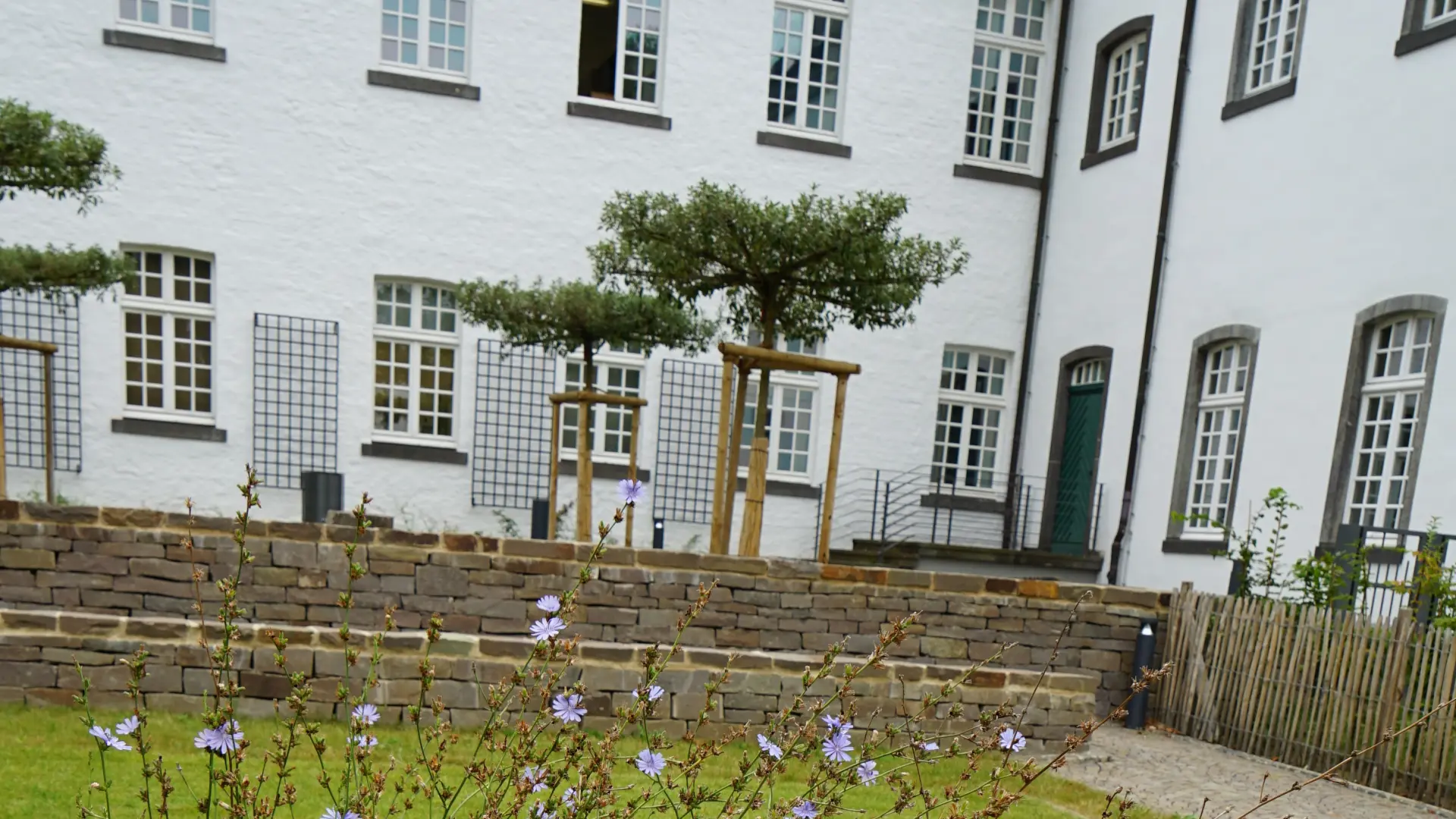 Foto von Kräutern im Vordergrund und Abteigebäude schräg dahinter