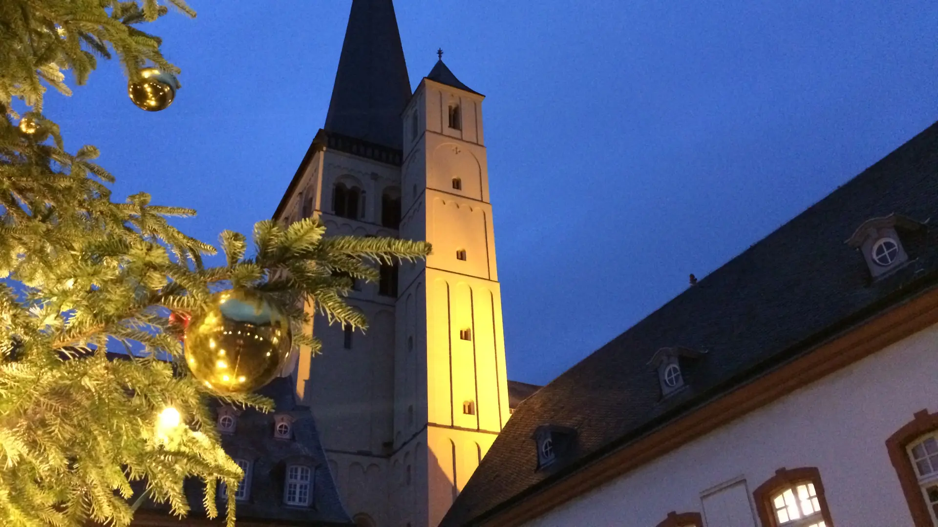 Foto von Tannenzweigen vor der Abteikirche im Dunkeln