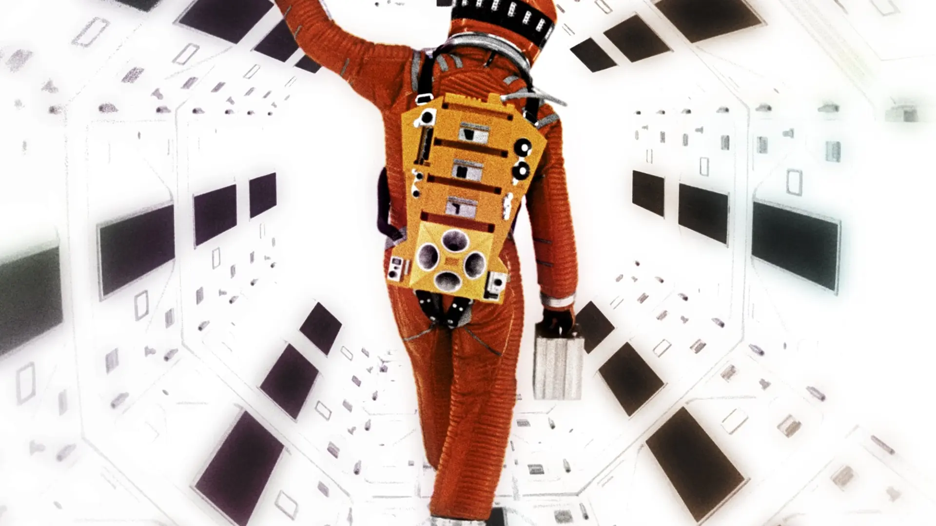 Filmplakat von Odyssee im Weltraum mit einem Astronauten in einem Raumschiff