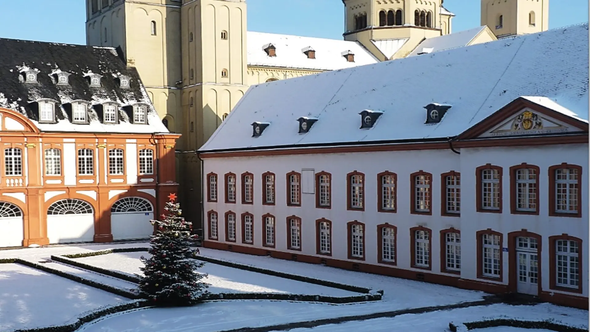Foto von einem Weihnachtsbaum im verschneiten Prälaturhof