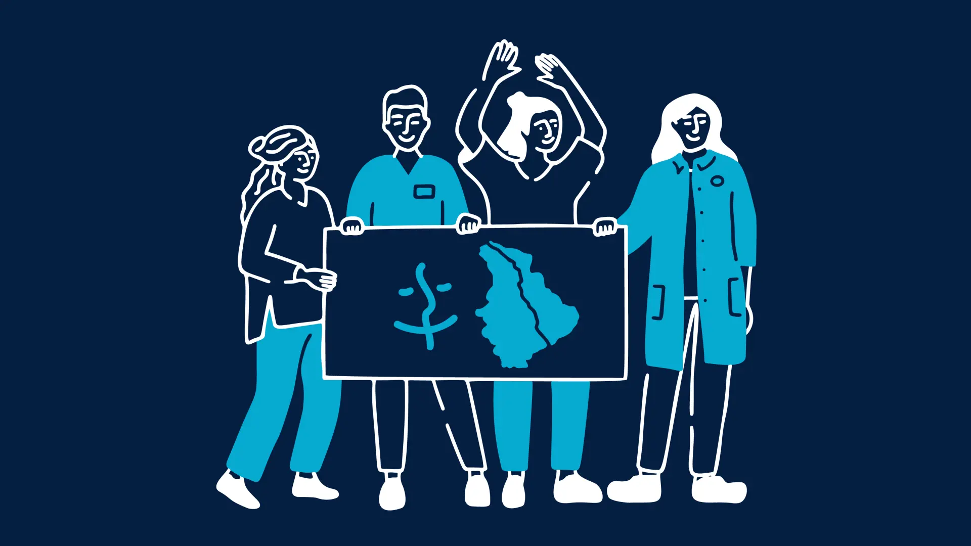 Grafik mit vier Menschen, die nebeneinander stehen und ein Banner halten, darauf das Logo des Landschaftsverbandes Rheinland und eine Karte des Verbandsgebiets.