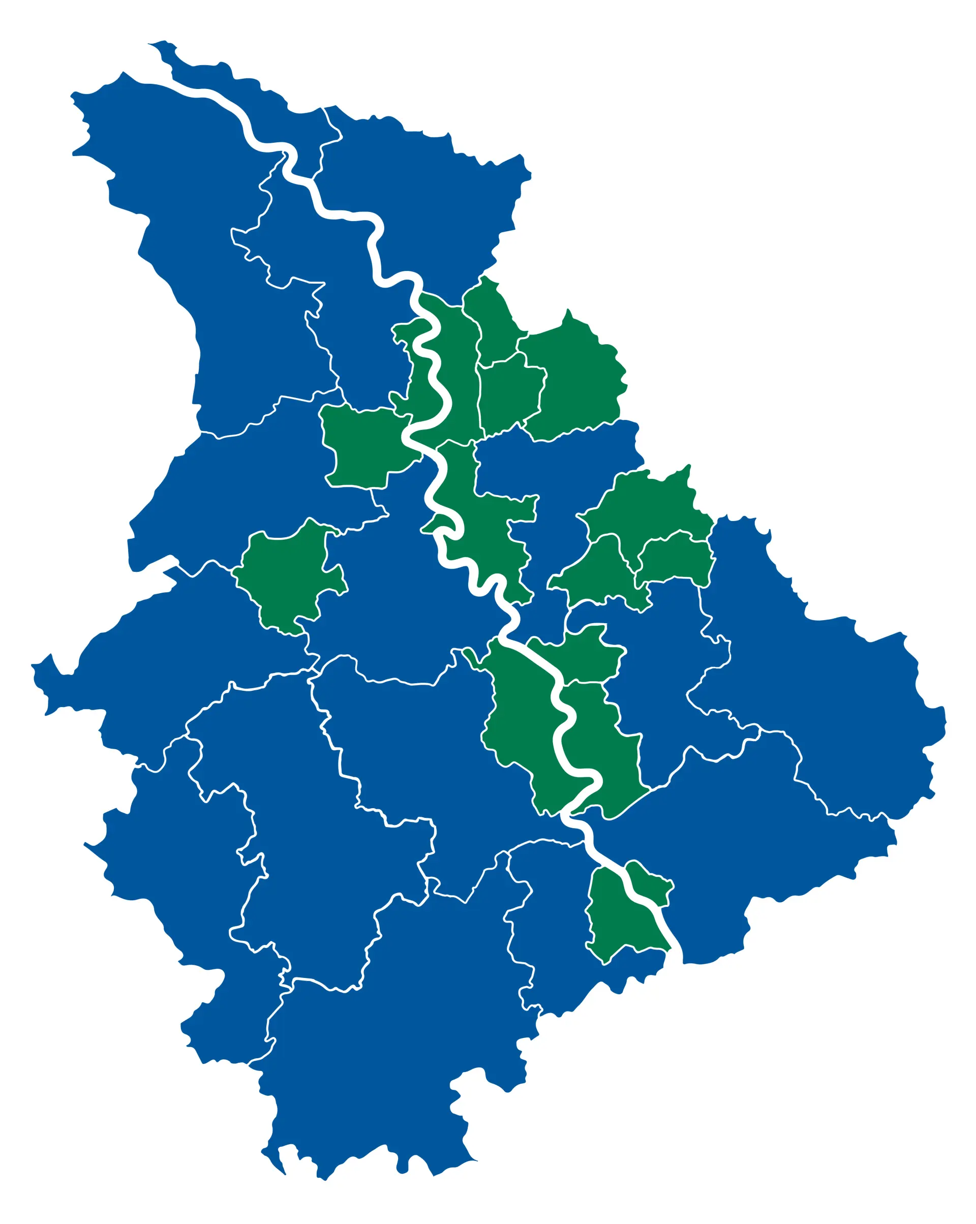Grafik mit einer Karte des Rheinlandes und den Grenzen der Gebietskörperschaften.
