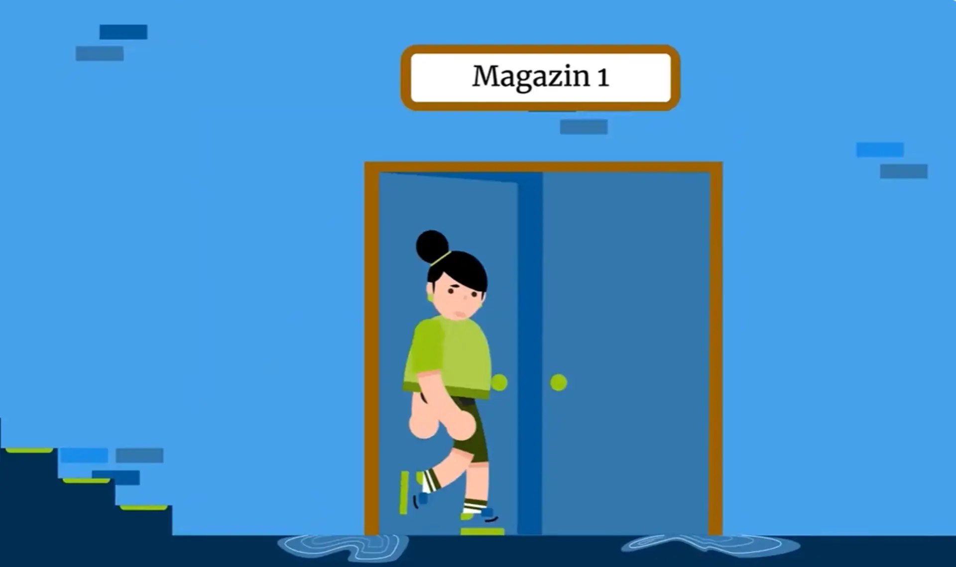 Zeichnung einer Frau vor eine Doppeltür, über der ein Schild mit der Aufschrift "Magazin 1" hängt. Unter der Tür quillt Wasser hervor.