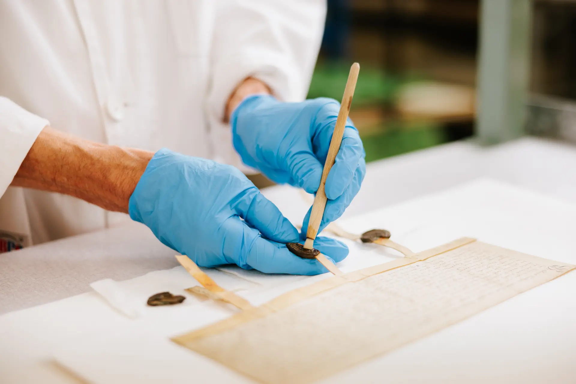 Eine Person reinigt ein historisches Wachssiegel