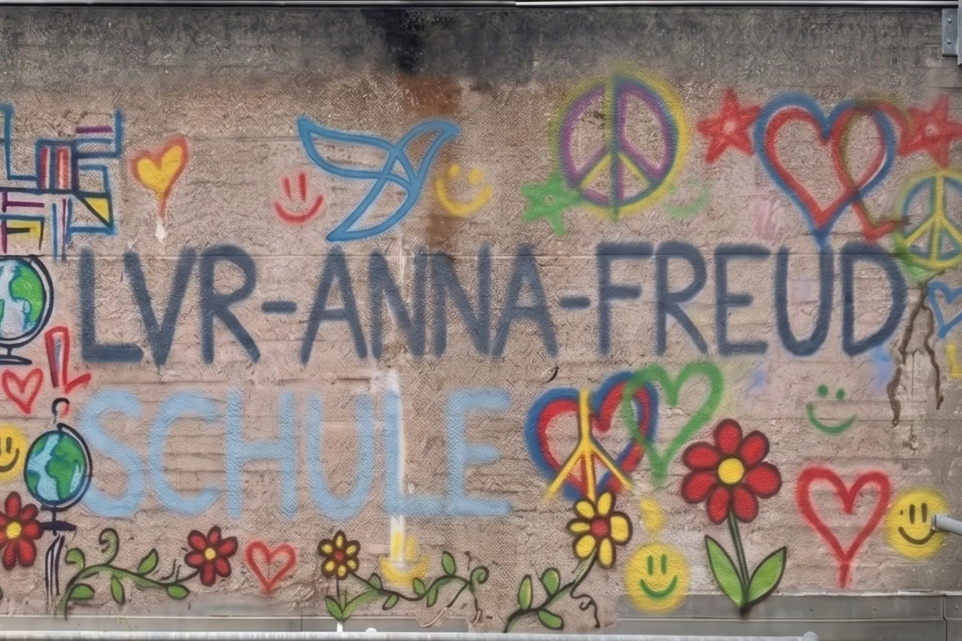 Buntes Graffiti mit Blumen, Friedenssymbol und Herzen an der Außenwand der Schule