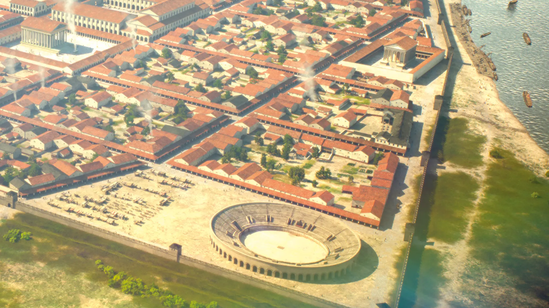 Rendering eines Luftbilds der antiken Stadt, im Vordergrund das Amphitheater