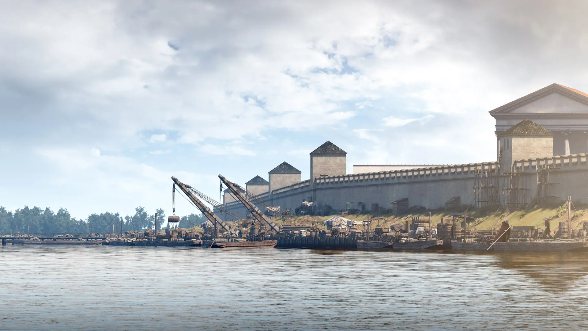 Rendering einer Seitenansicht des Hafens der antiken Stadt 