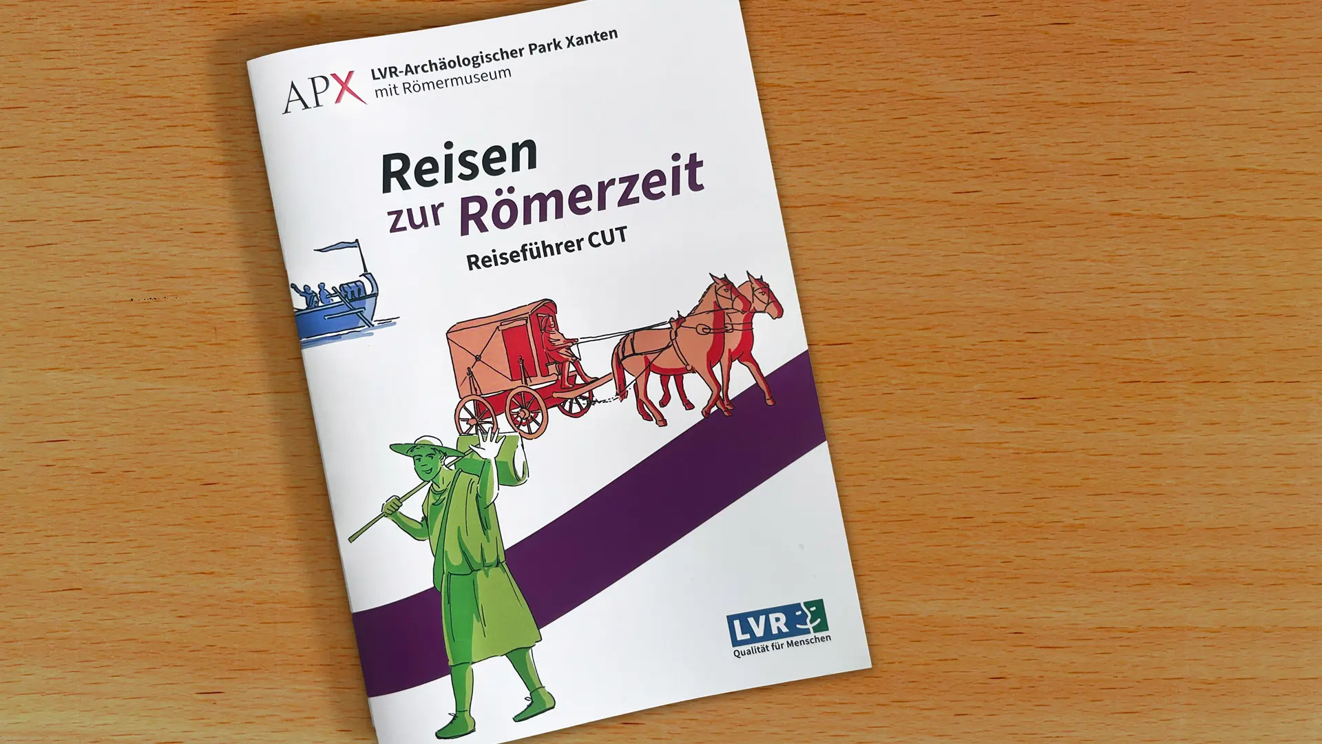 Grafik von drei Fortbewegungsmethoden: zu Schiff, im Pferdekarren und zu Fuß
