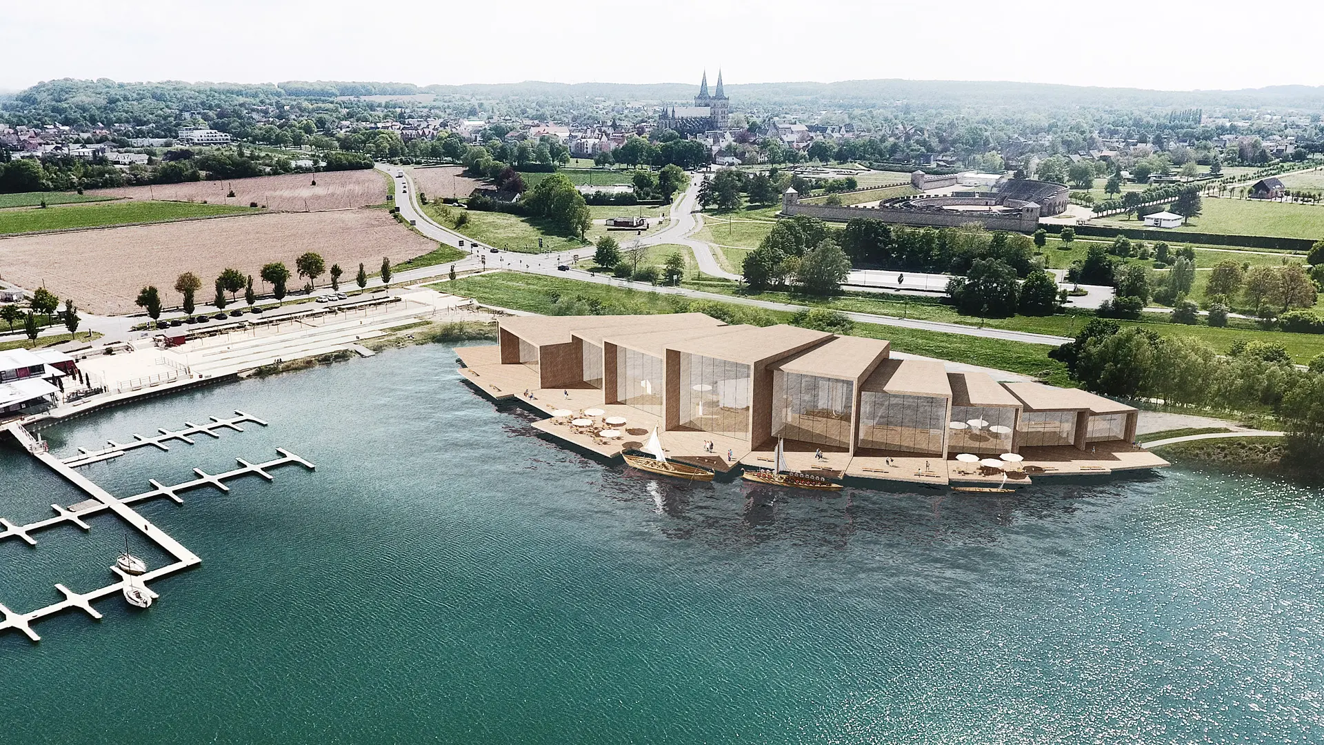 Rendering eines modernen Museumsbaus an der Xantener Südsee