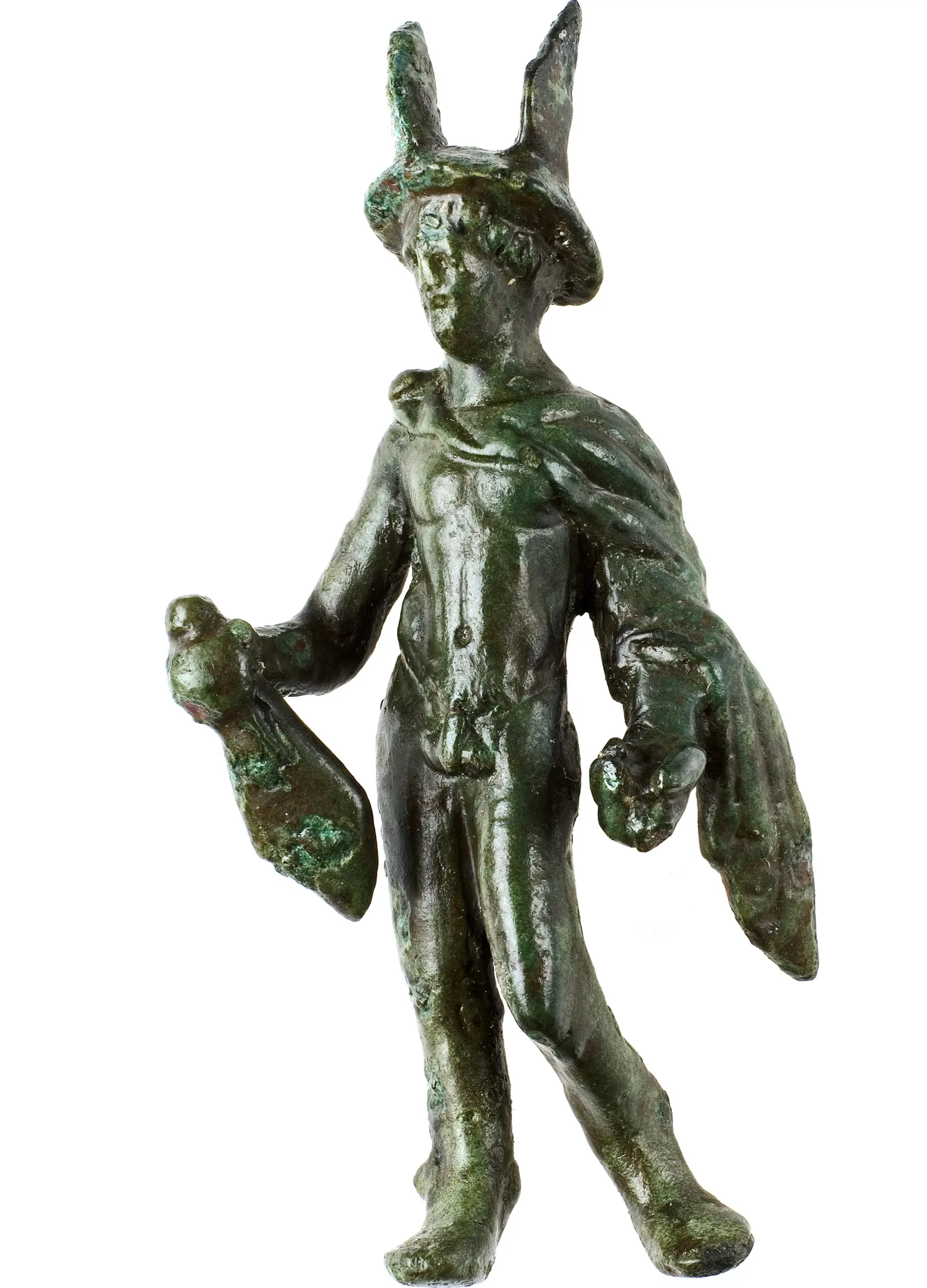 Eine Merkurstatuette aus Bronze mit seinen typischen Attributen wie dem Flügelhut.