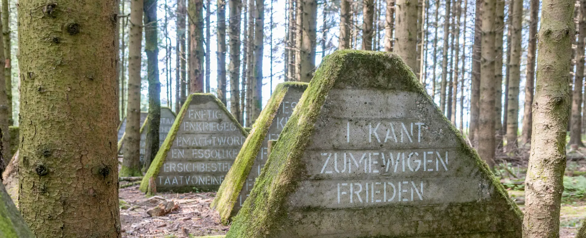 Panzersperren im Wald. Auf den Höckern sind Sätze geschrieben.