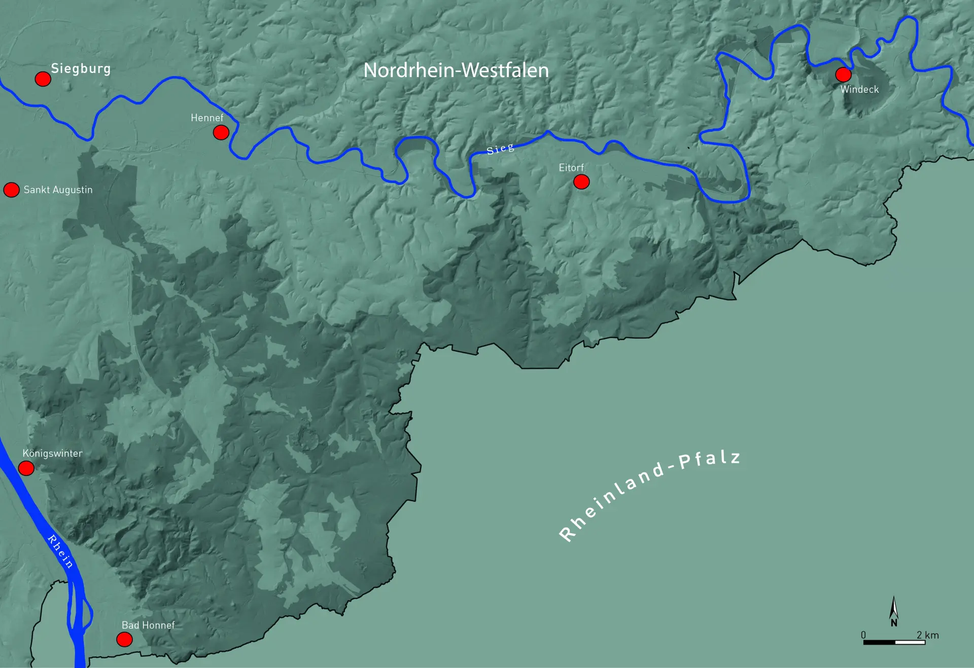 Karte des Gebietes zwischen Sieg und Siebengebirge.