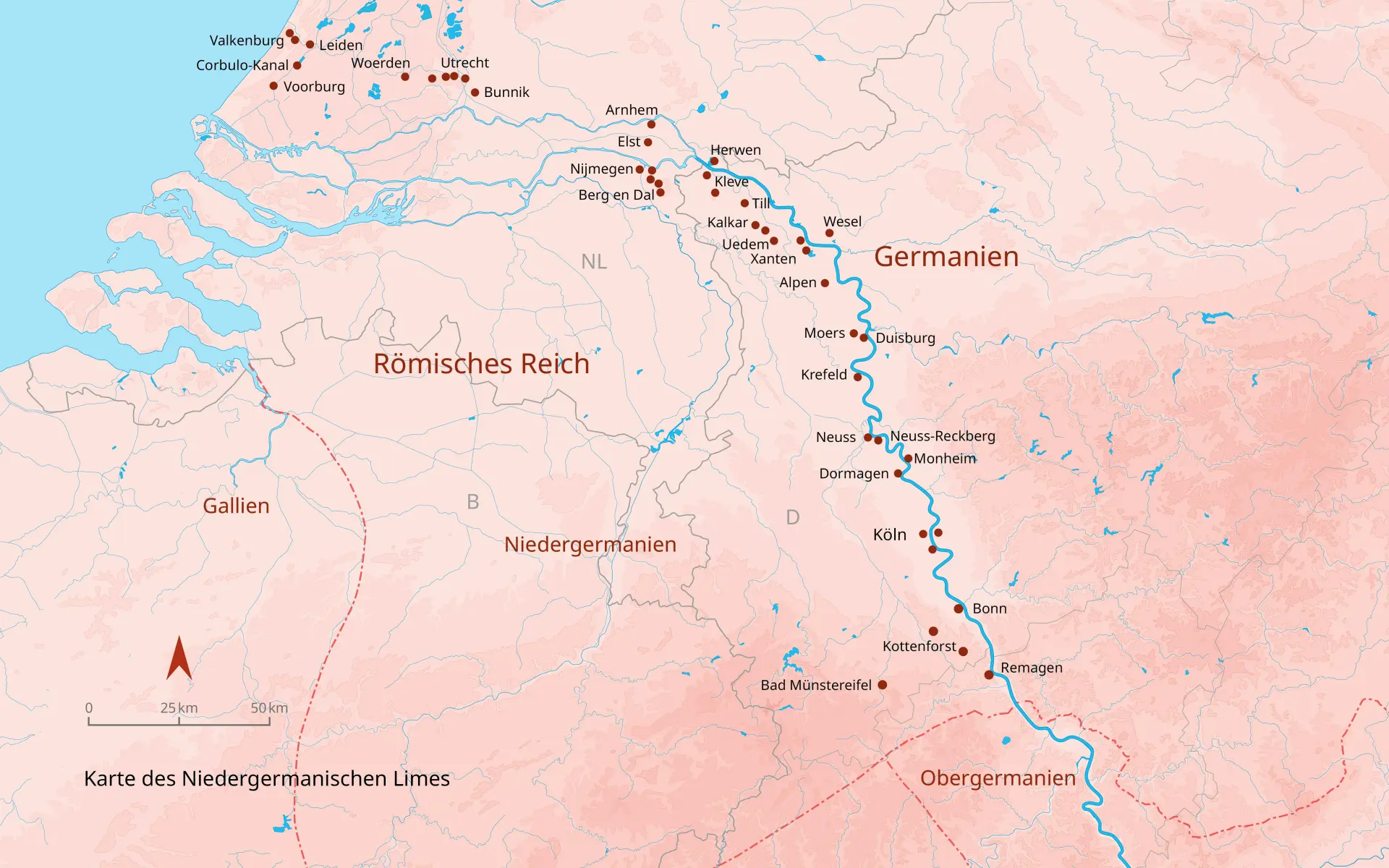 Logo des Niedergermanischen Limes in Rot, ein stilisierter Wachturm in einem Kreis mit einem angedeuteten Flussverlauf mittendurch, daneben steht in Deutsch, Englisch und Niederländisch "Niedergermanisch", unter beidem steht in großen Buchstaben "Limes".