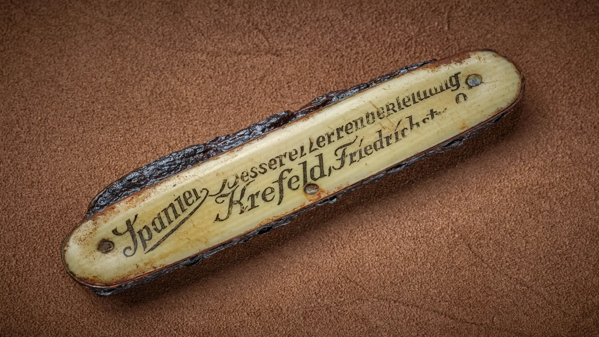 Altes Taschenmesser mit hellem, stark gealtertem Griff. Auf dem Griff befindet sich in schwarzer Schreibschrift die Aufschrift: ‚Spanier bessere Herrenbekleidung, Krefeld, Friedrichstr. 9‘. Das Messer liegt geschlossen auf einem braunen, lederartigen Untergrund.