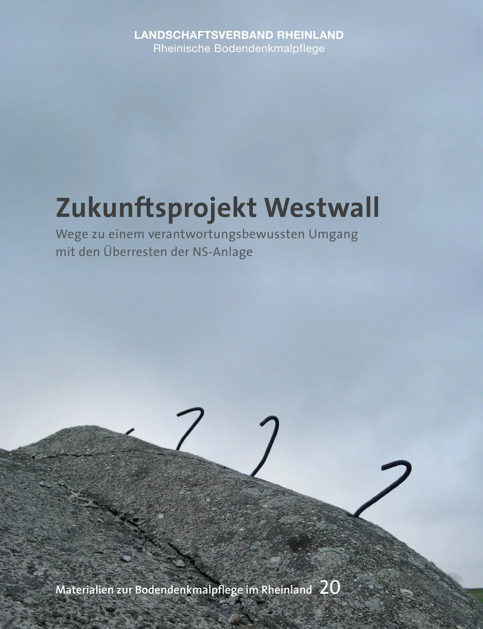 Coverfoto des Materialbandes "Zukunftsprojekt Westwall. Wege zu einem verantwortungsbewussten Umgang mit den Überresten der NS-Anlage". Das Bild zeigt Beton aus dem Stahlstäbe herausragen. Der Hintergrund ist der wolkenverhangenen, graue Himmel. 