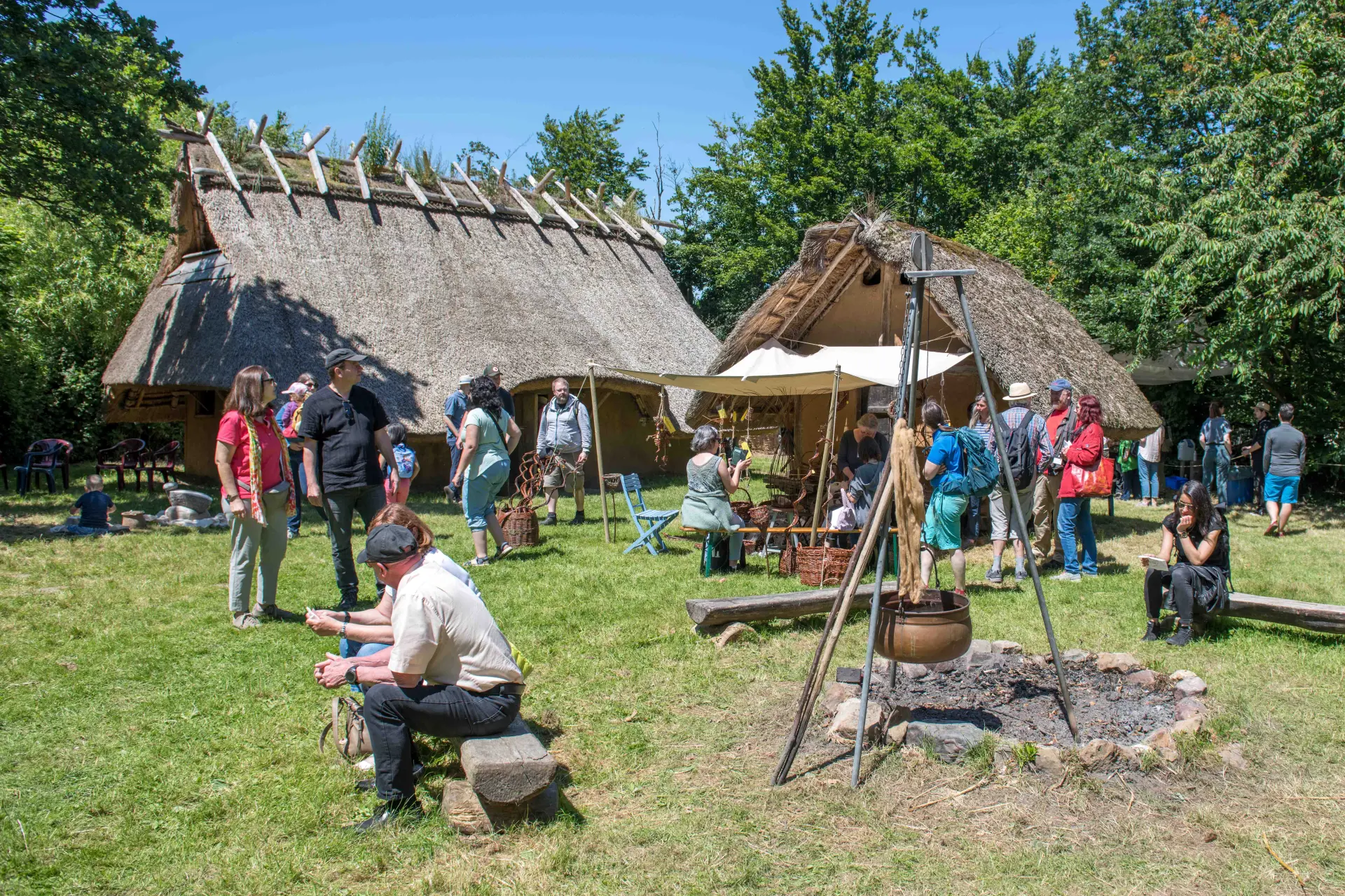 Zwei nachgebaute eisenzeitliche Häuser mit Reetdach auf einer Wiese. Einige Personen laufen durch das Bild oder sitzen auf Bänken vor dem Haus.