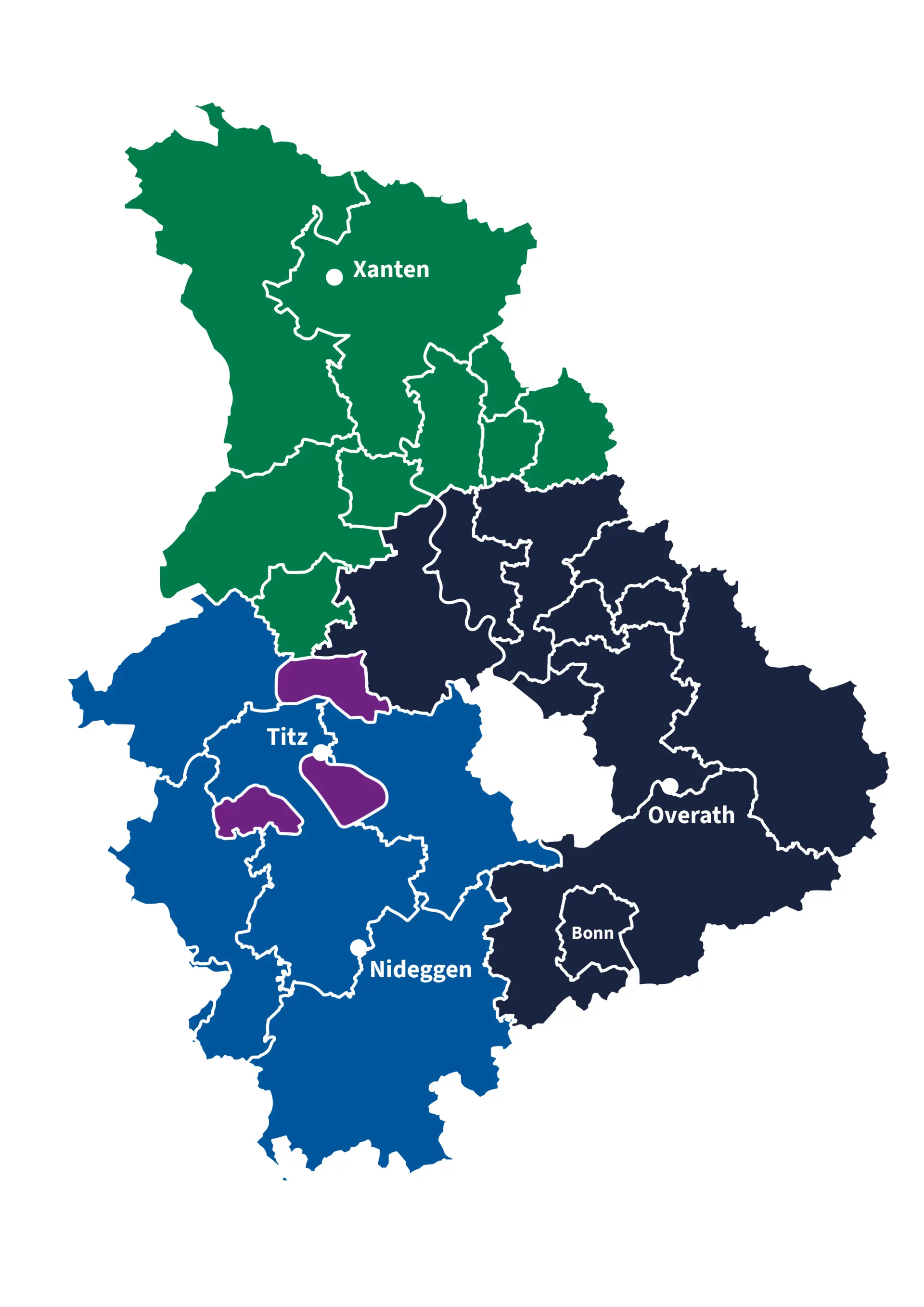 Karte des Rheinlands mit den Zuständigkeiten des LVR-Amt für Bodendenkmalpflege.