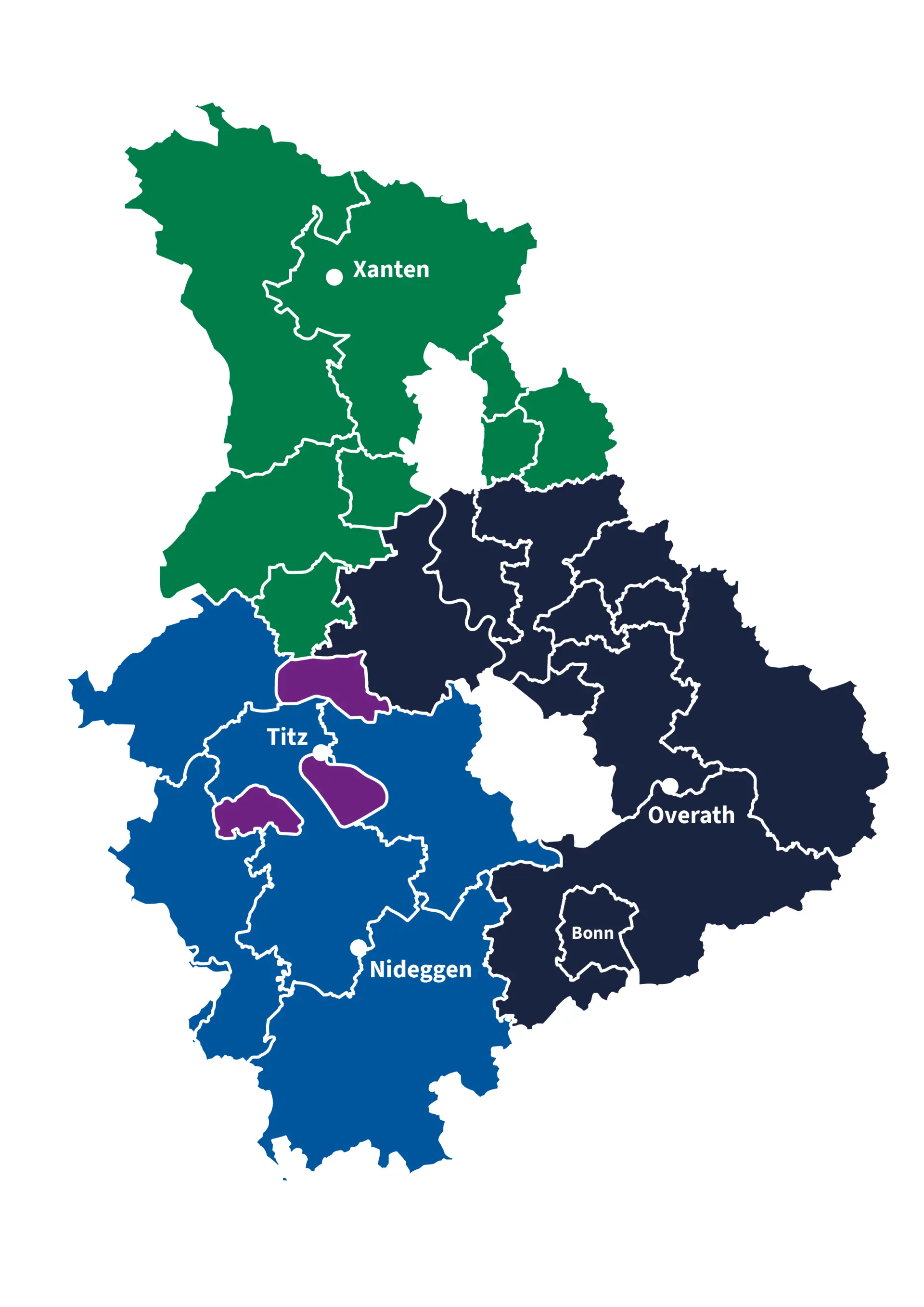 Karte des Rheinlands mit den Zuständigkeiten des LVR-Amt für Bodendenkmalpflege.