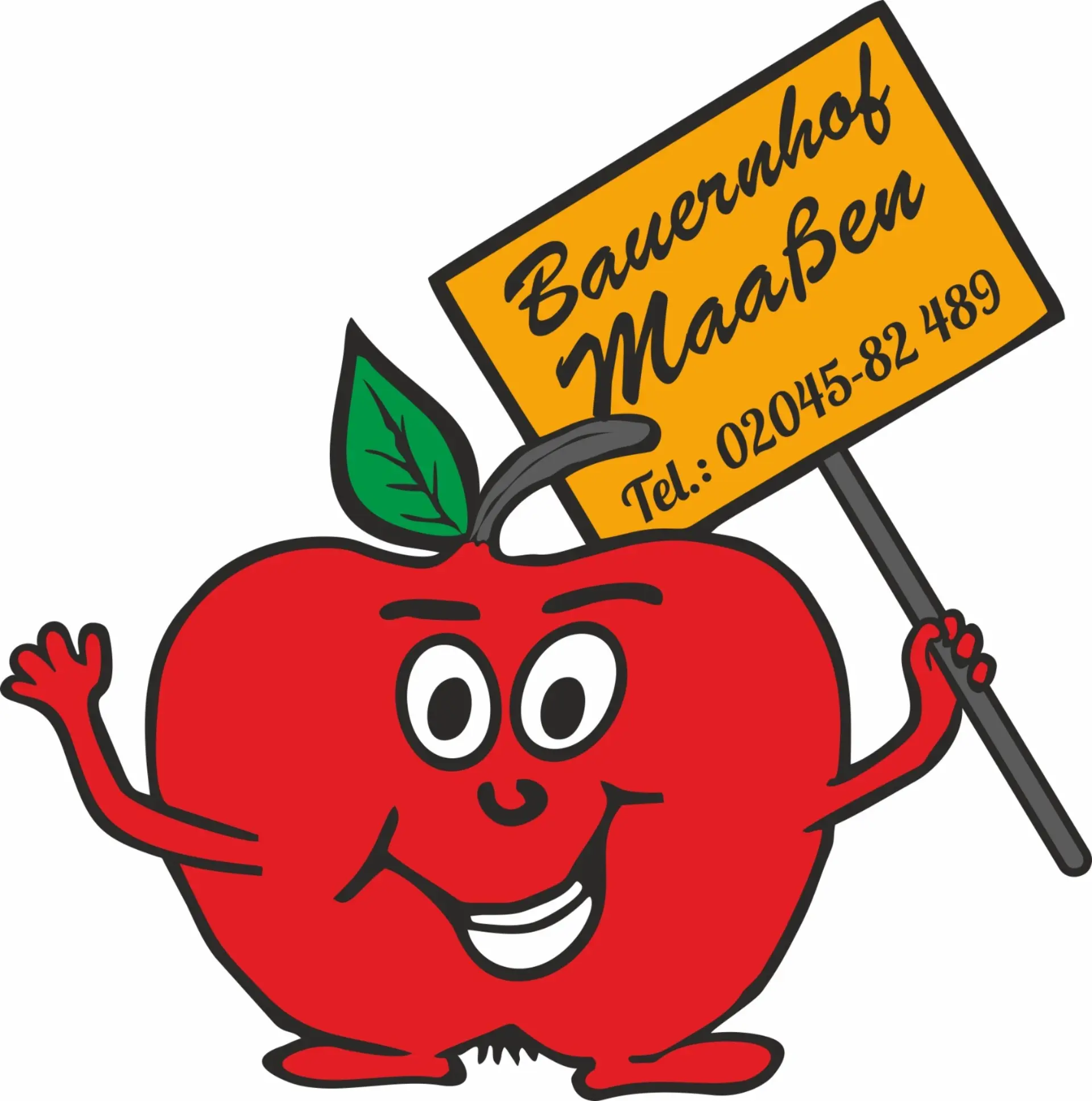 Logo des Bauernhof Maaßen: ein Apfel mit Gesicht hält ein Holzschild: Bauernhof Maaßen, Tel.: 02045-82489