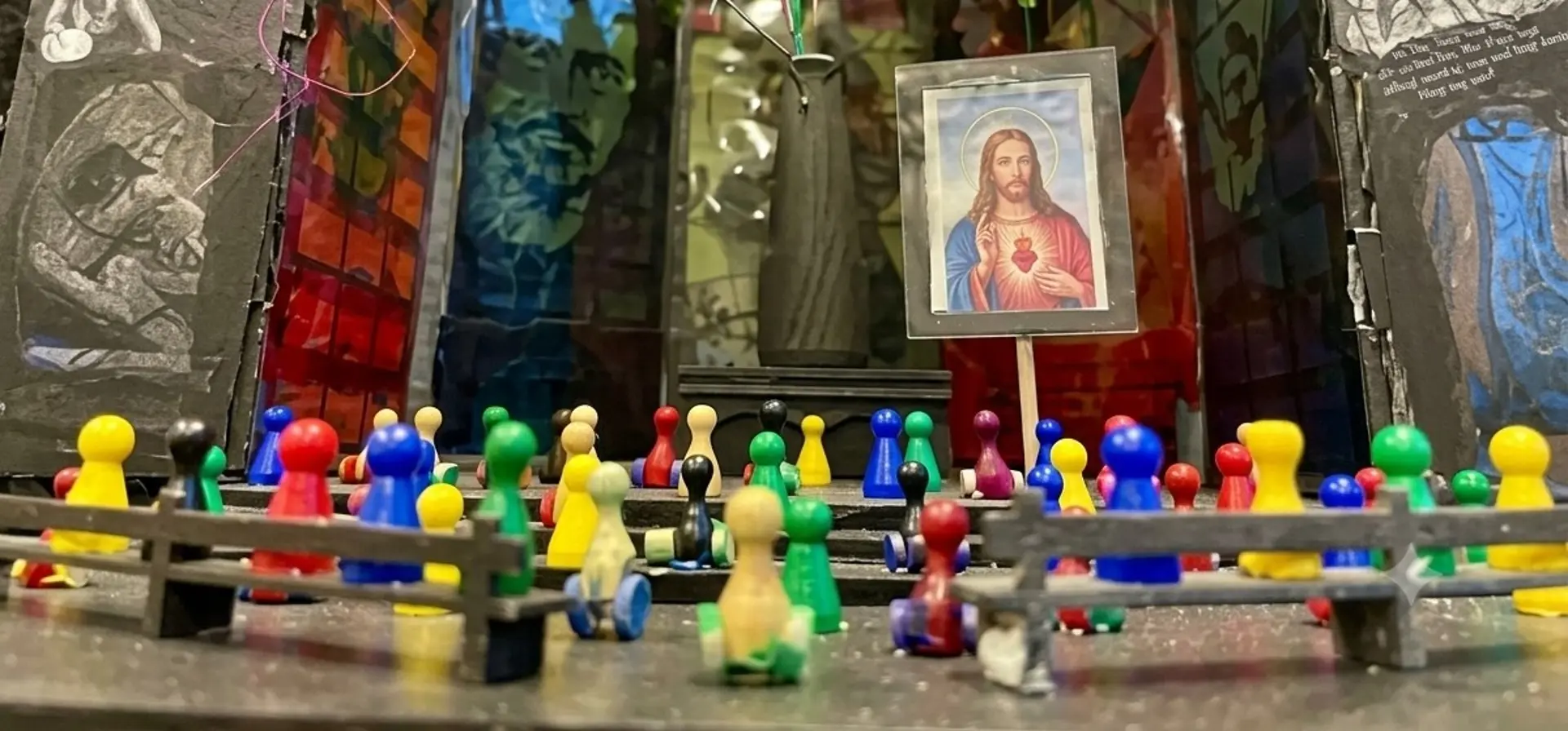 Miniatur-Modelle eines Kirchen-Bühnenbilds mit Spielfiguren und Miniaturbänken davor