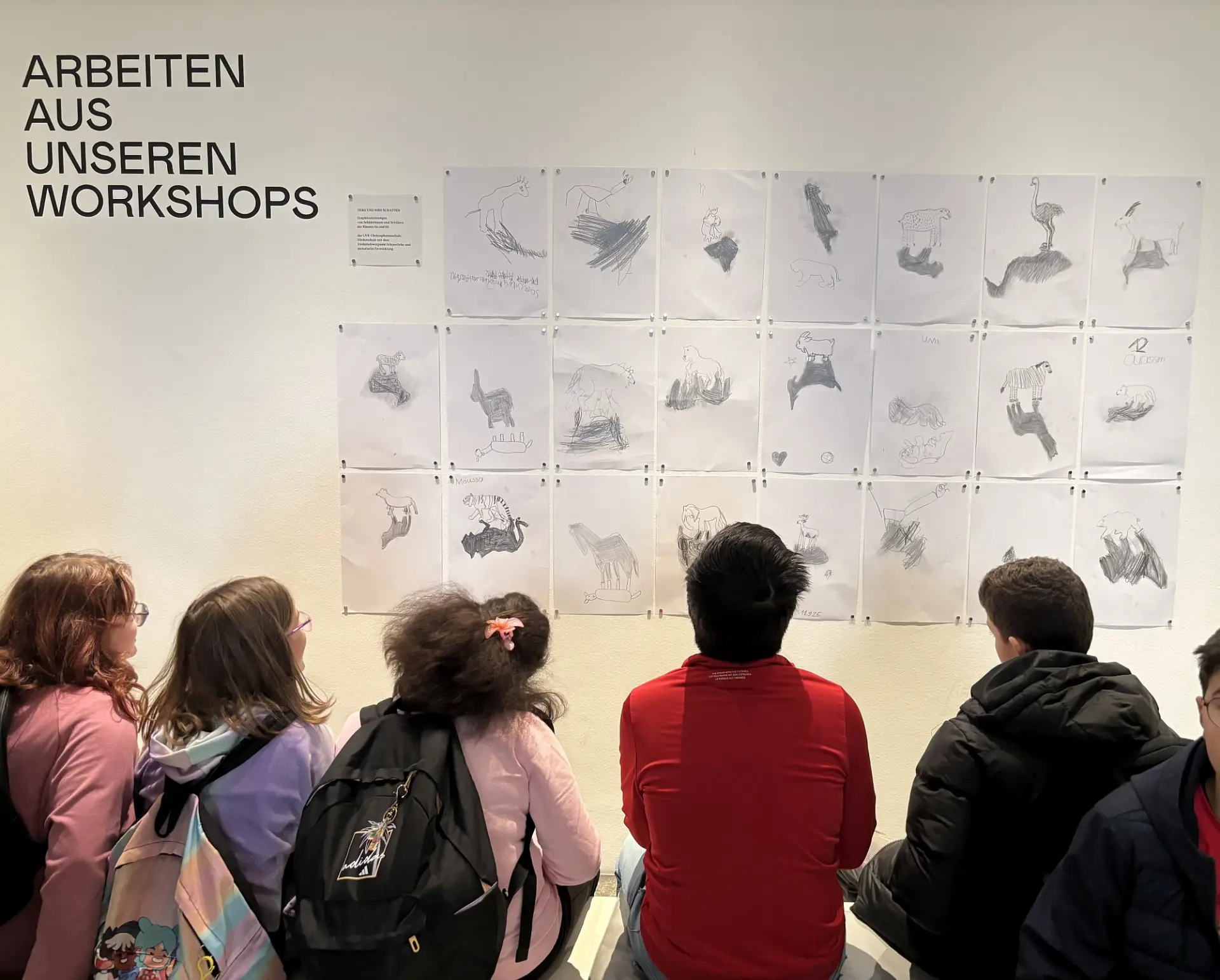 Schüler*innen von hinten fotografiert. Sie sitzen im Museum vor einer Wand mit Skizzen und Tierzeichnungen und der Aufschrift „Arbeiten aus unseren Workshops“.