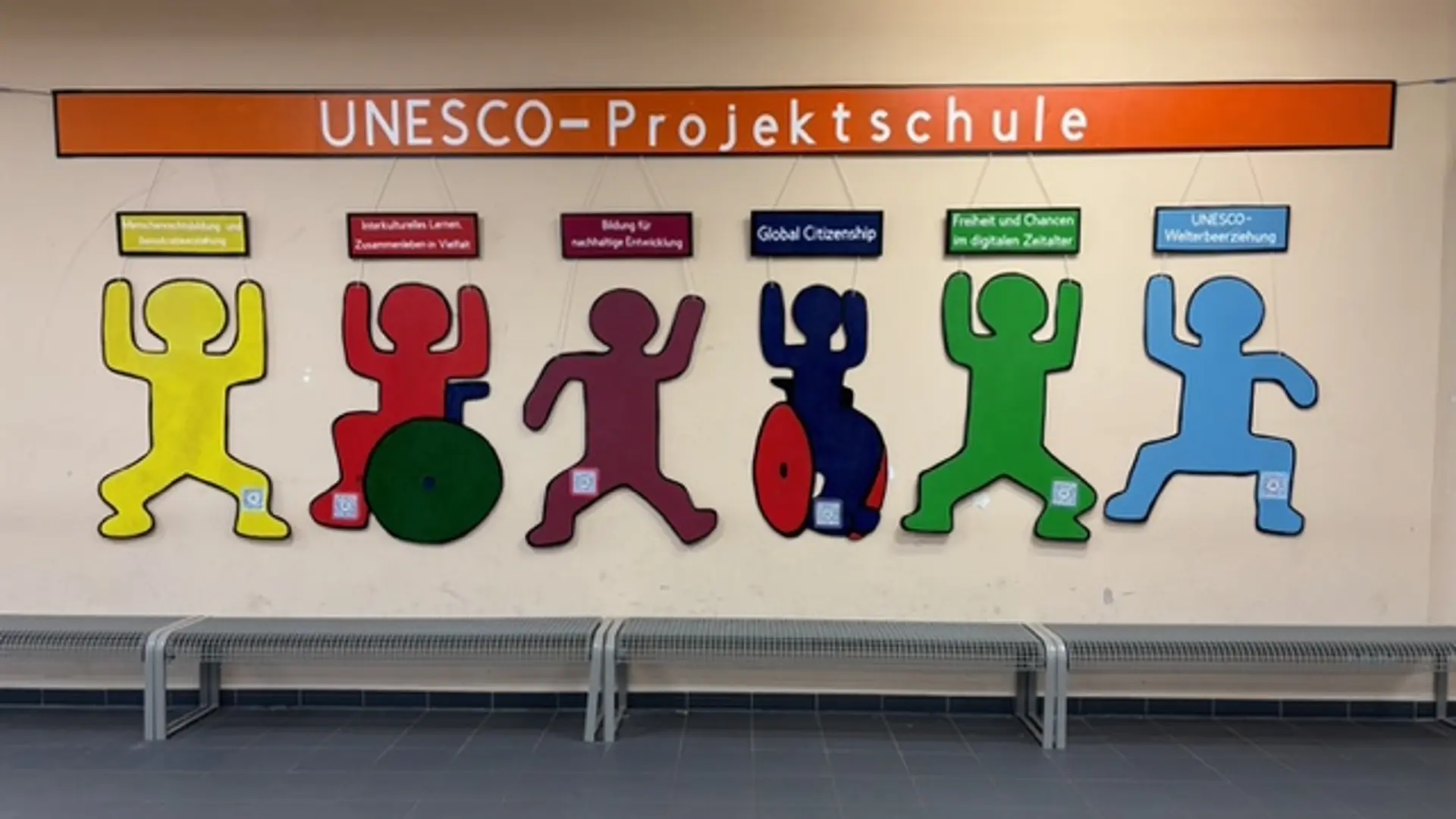 Eine Wand im Schulflur für sechs Männchen, jedes in einer anderen Farbe. Darüber steht UNESCO-Projektschule geschrieben.