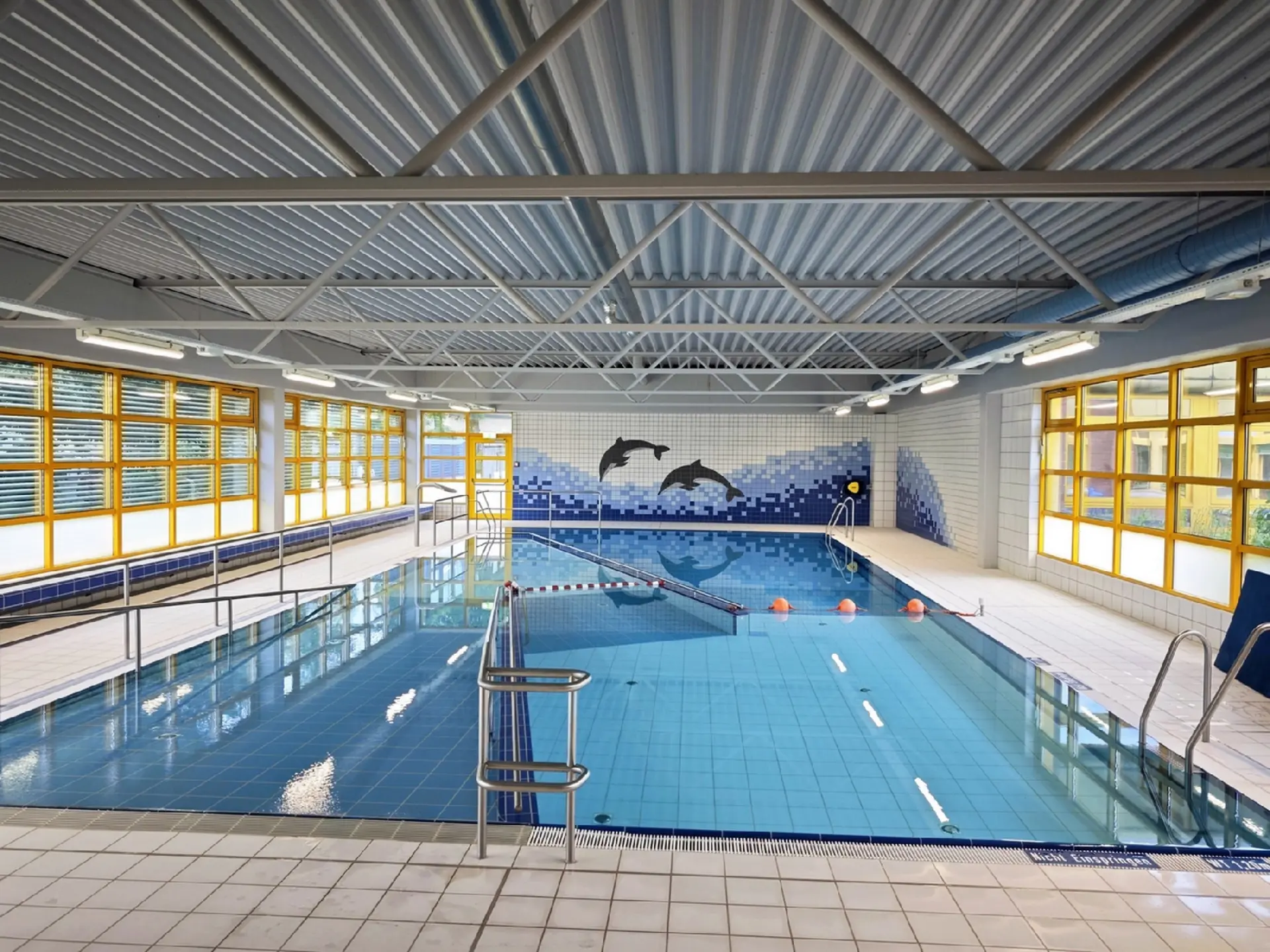 Lichtdurchflutetes Schulschwimmbad mit Delfinen als Wandbild