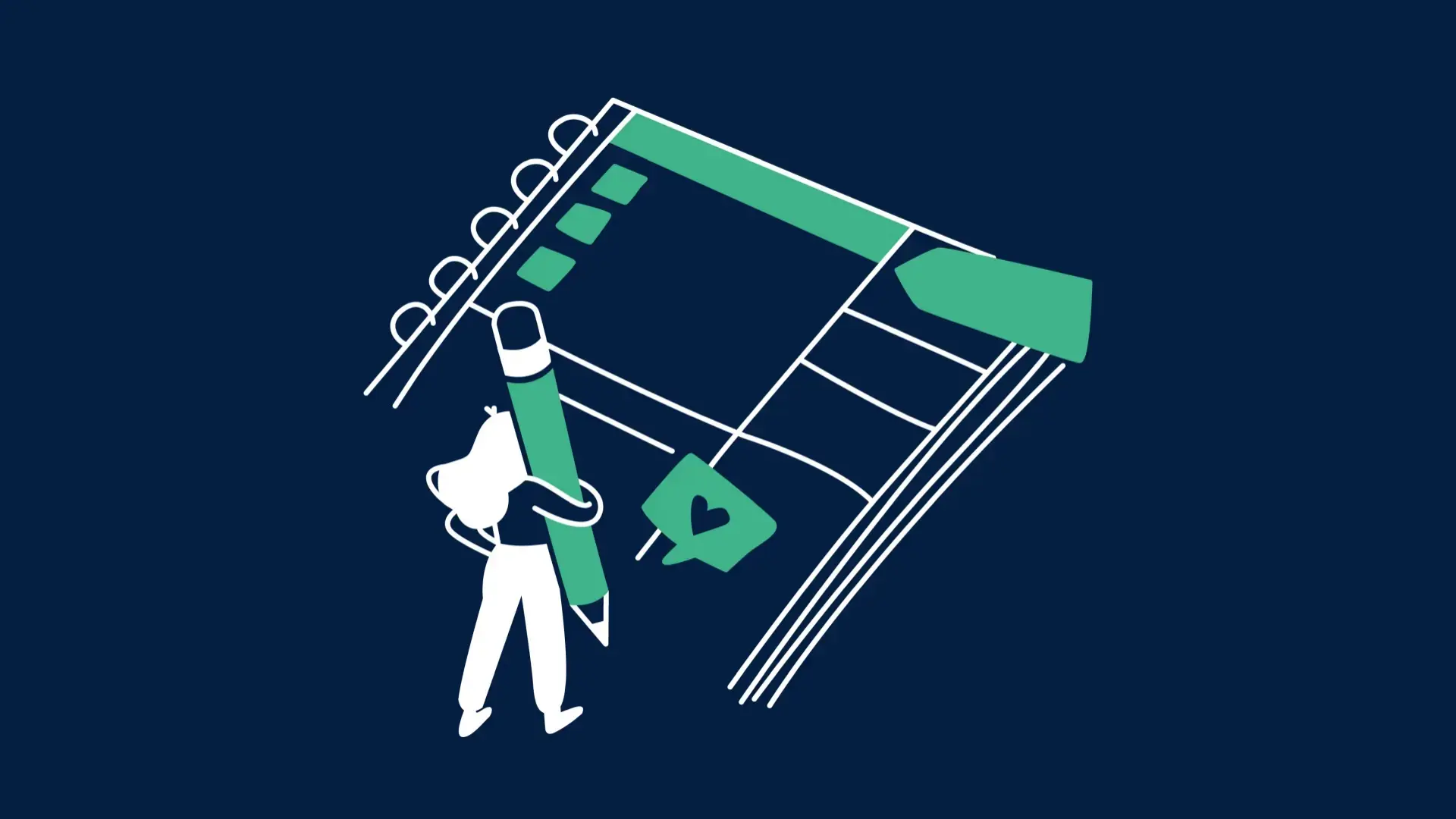 Illustration einer kleinen Frau, die mit einem überdimensional großen Stift auf einen großen Block schreibt