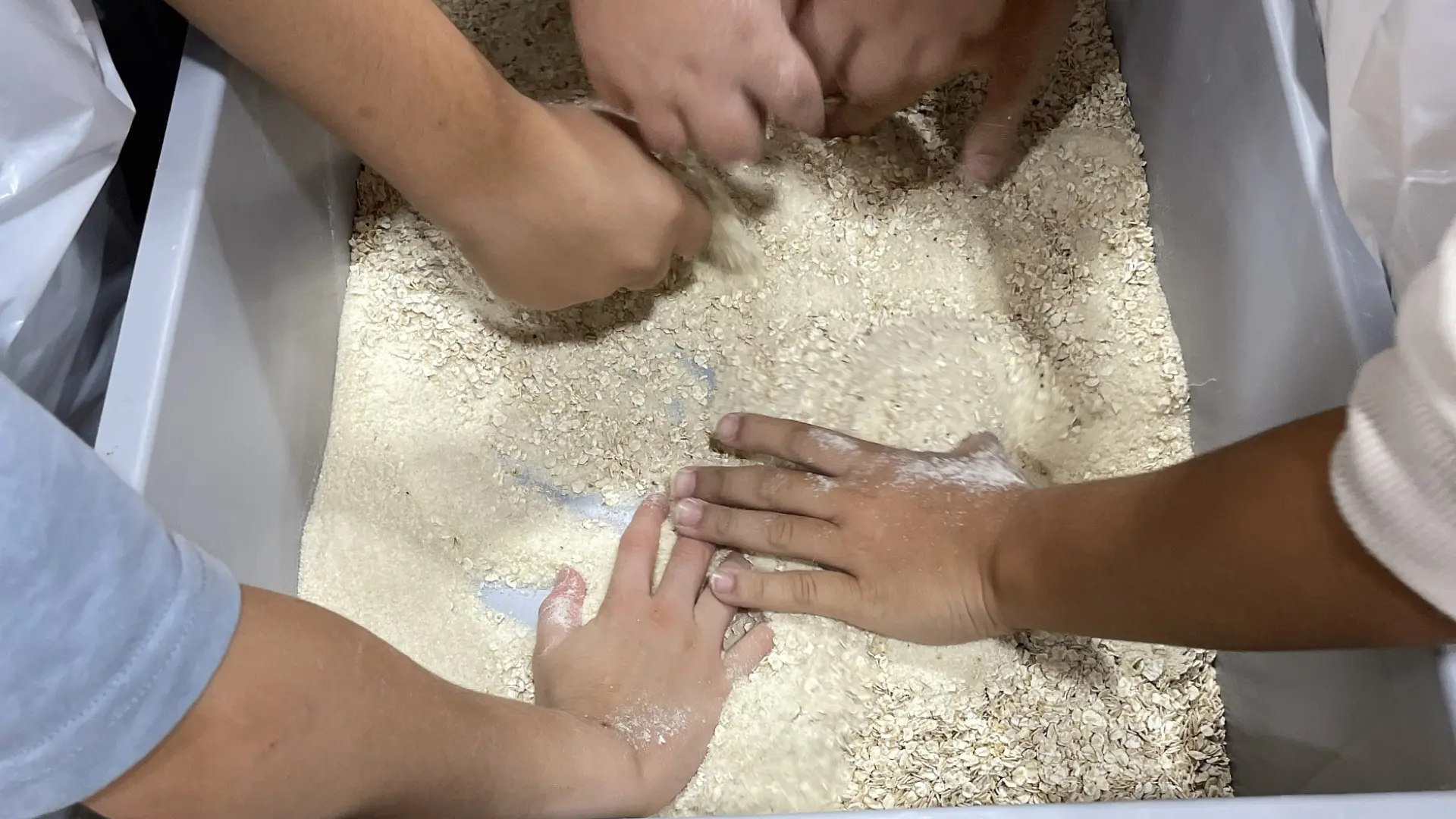 In einem großen Plastikbehälter mischen Kinderhände verschiedene Mehlsorten.
