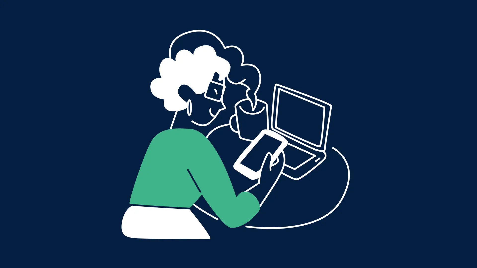 Illustration einer Person, die vor einem Laptop sitzt und ein Smartphone in der Hand hält.