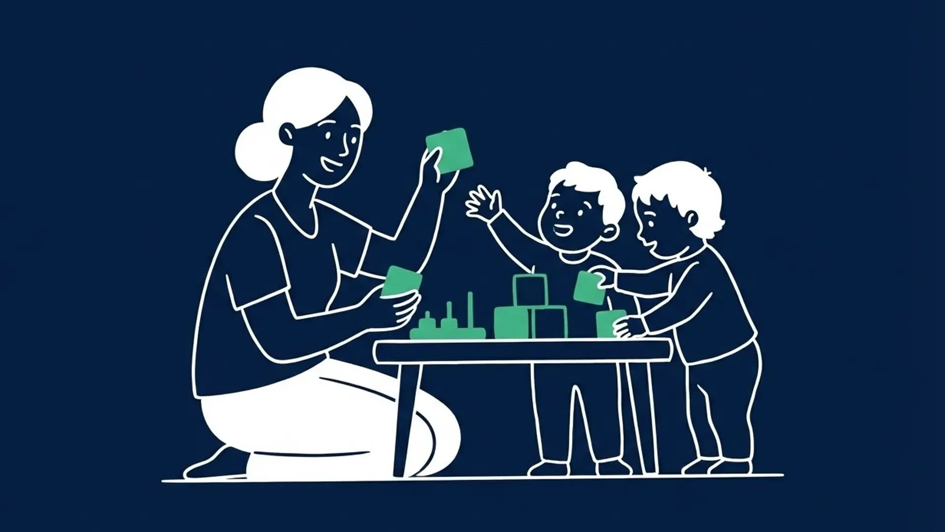 Illustration einer Frau und zweier Kleinkinder. Sie sitzen an einem niedrigen Tisch und beschäftigen sich gemeinsam mit Lernspielzeug und Bauklötzen. 