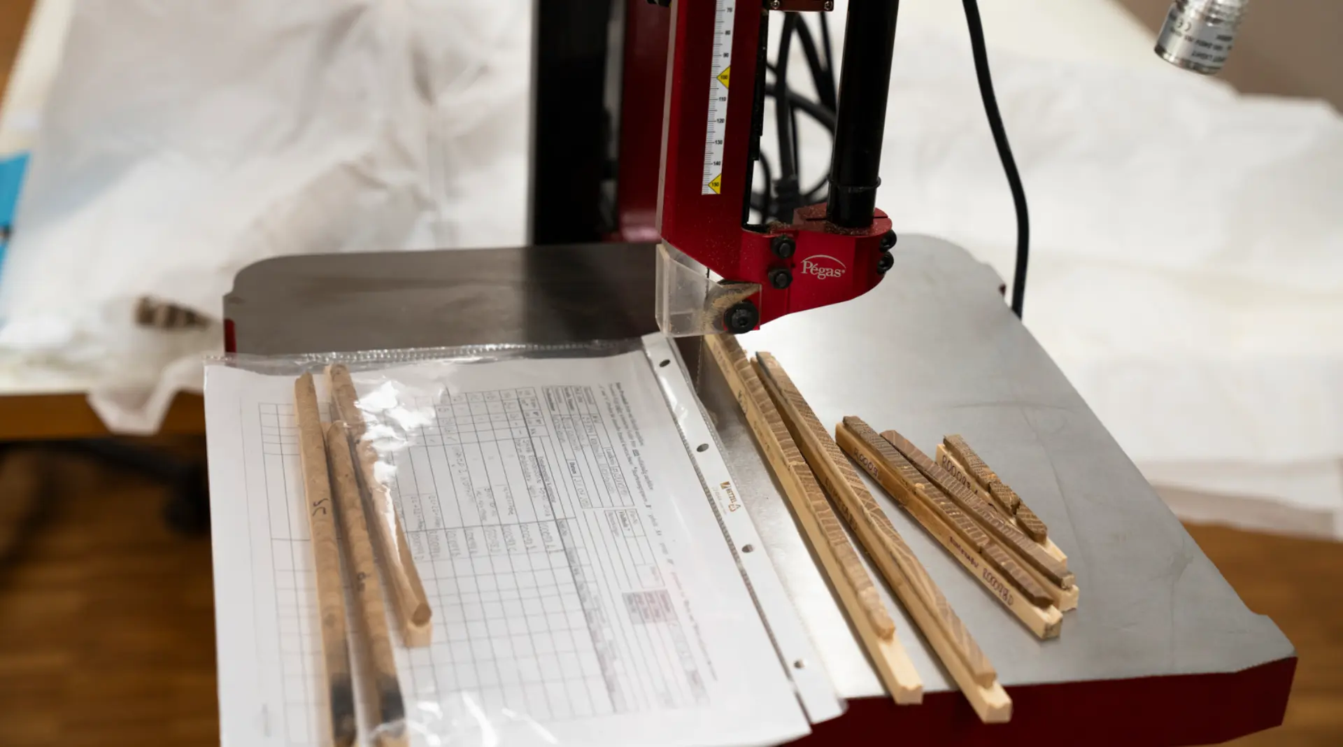 Beispiele von Holz-Bohrproben mit beigefügtem Gutachten im Dendro-Labor des LVR-ADR.