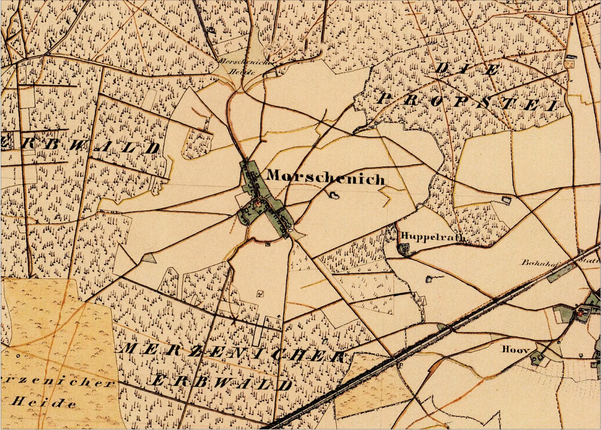 Ausschnitt einer Karte mit Schriftzug "Morschenich" an einem von Wäldern umgebenen Straßendorf