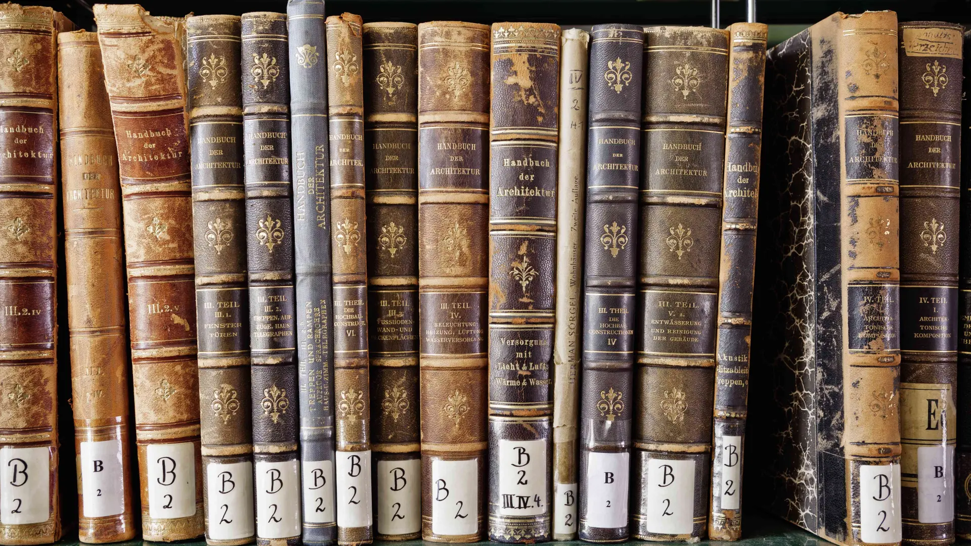 Ledergebundene Bücherrücken historischer Publikationen stehen in einem Regalfach in der Amtsbibliothek. 