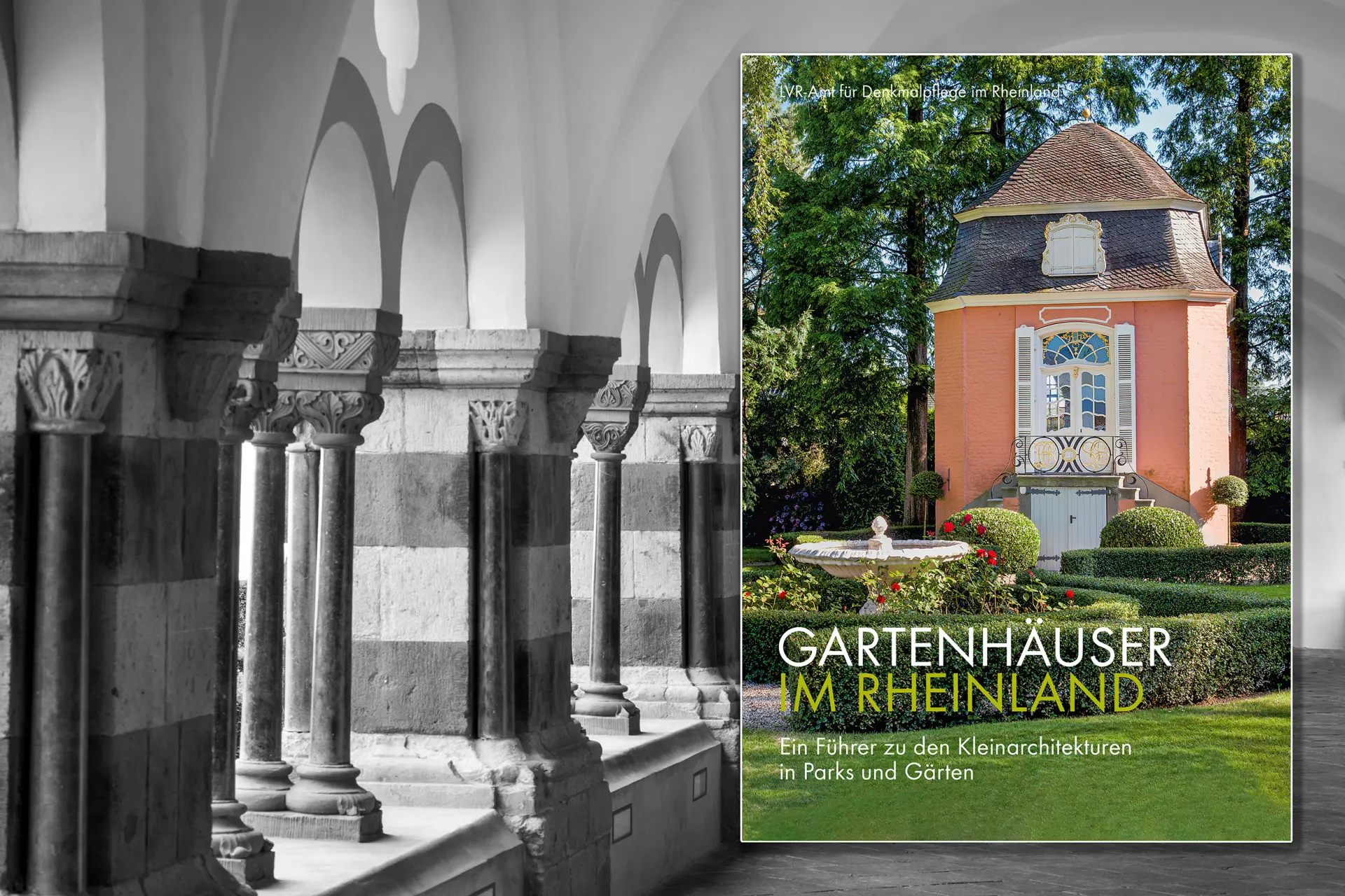 Brauweiler Kreuzgang mit darauf montiertem Titelbild von Band 1 Inventar Xanten.