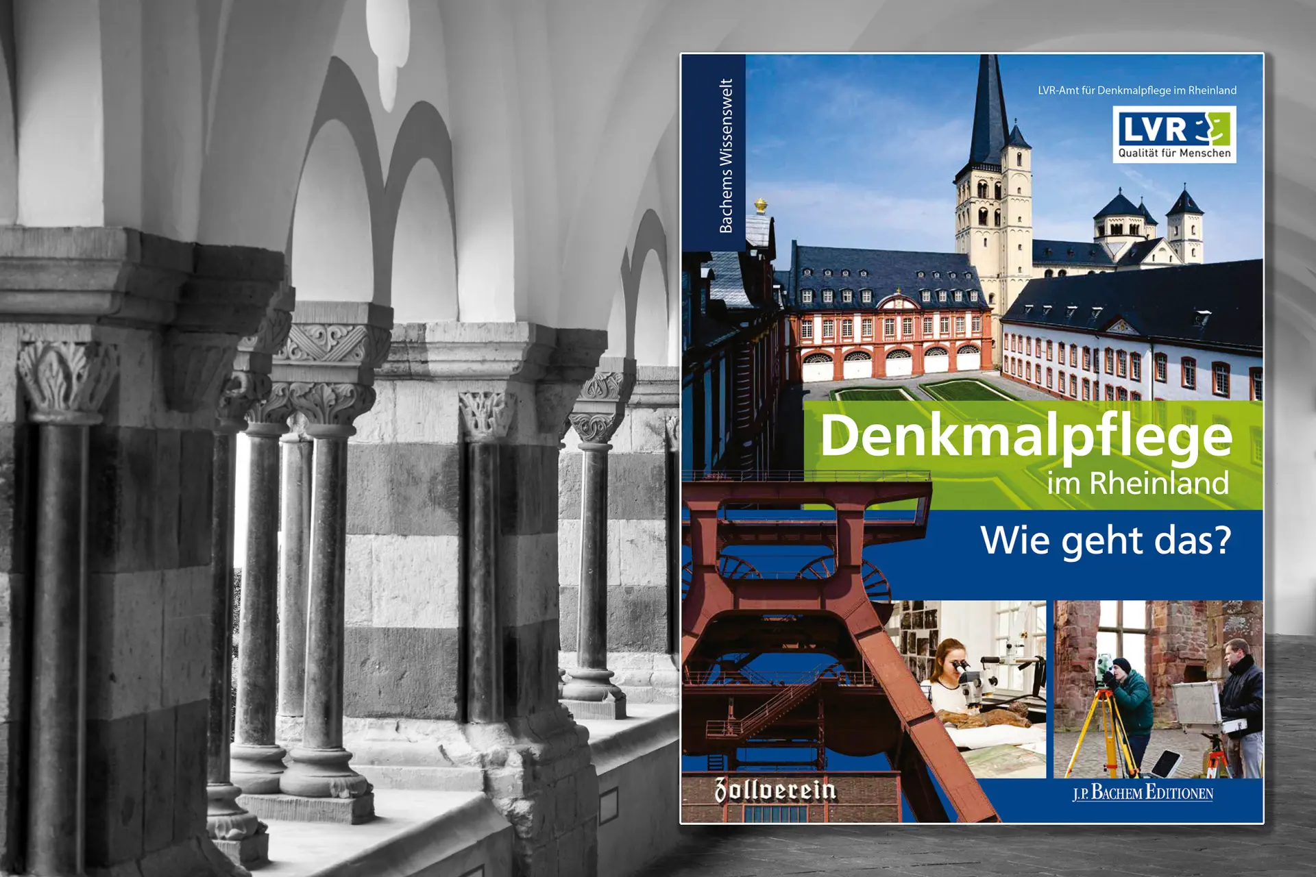 Brauweiler Kreuzgang mit darauf montiertem Titelbild Kindersachbuch Denkmalpflege Wie geht das?
