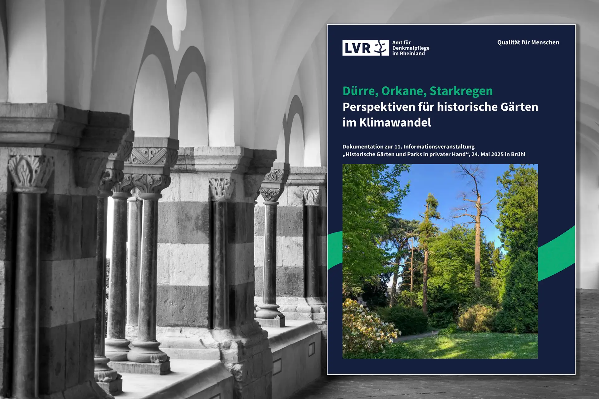 Brauweiler Kreuzgang mit darauf montiertem Titelbild des neuesten Mitteilungsheftes.