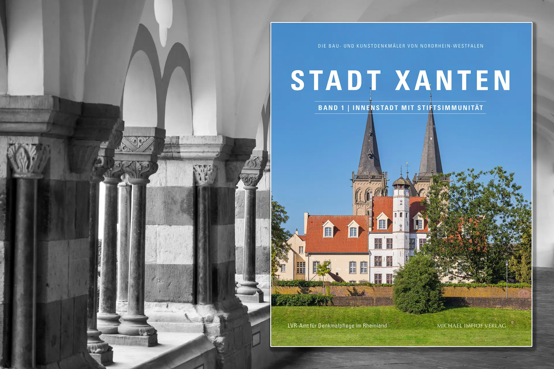 Brauweiler Kreuzgang mit darauf montiertem Titelbild von Band 1 Inventar Xanten.