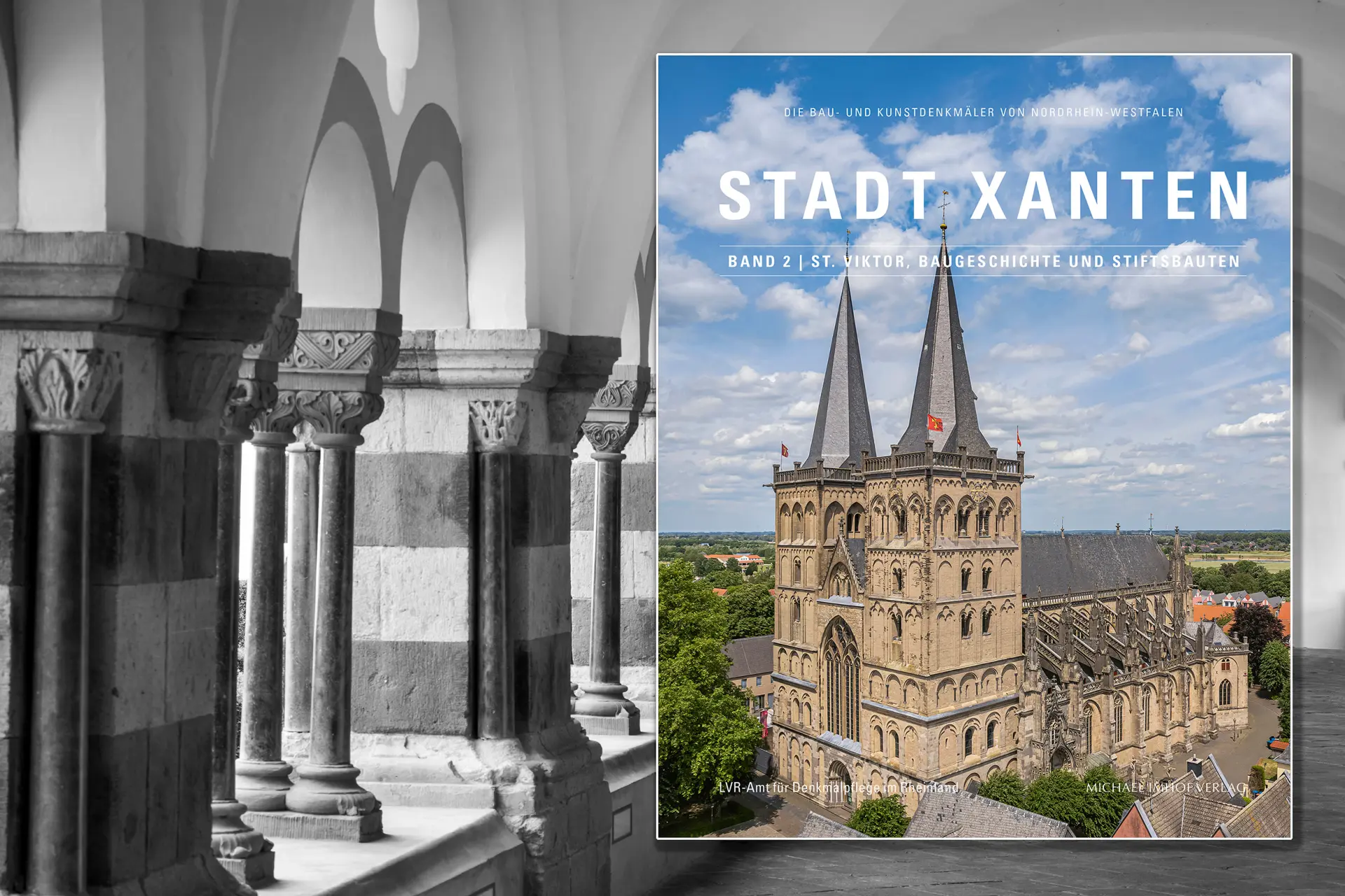 Brauweiler Kreuzgang mit darauf montiertem Titelbild von Band 2 Inventar Xanten.