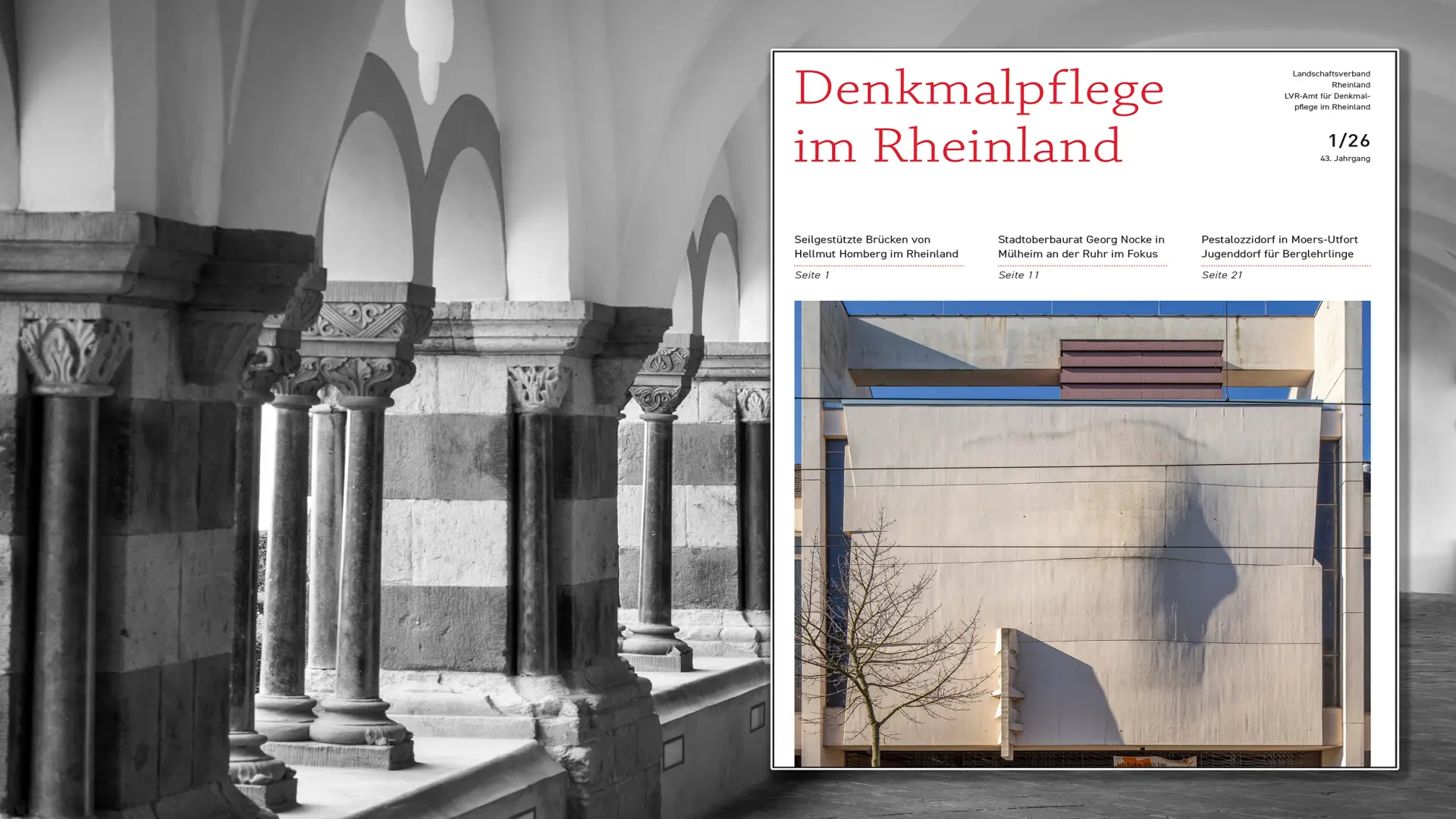 Brauweiler Kreuzgang mit darauf montiertem Titelbild der Zeitschrift Denkmalpflege im Rheinland.