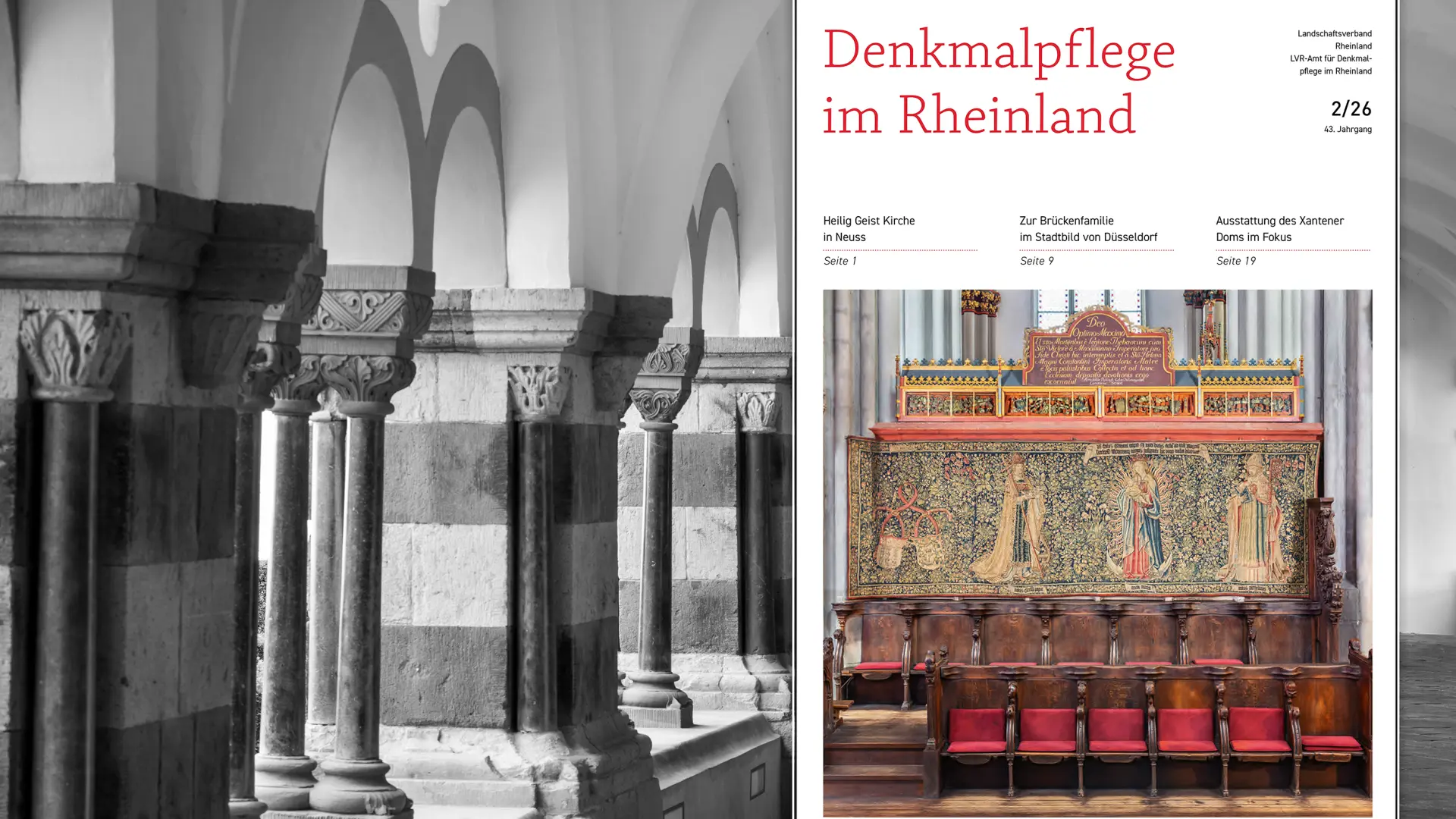 Brauweiler Kreuzgang mit darauf montiertem Titelbild der Zeitschrift Denkmalpflege im Rheinland.