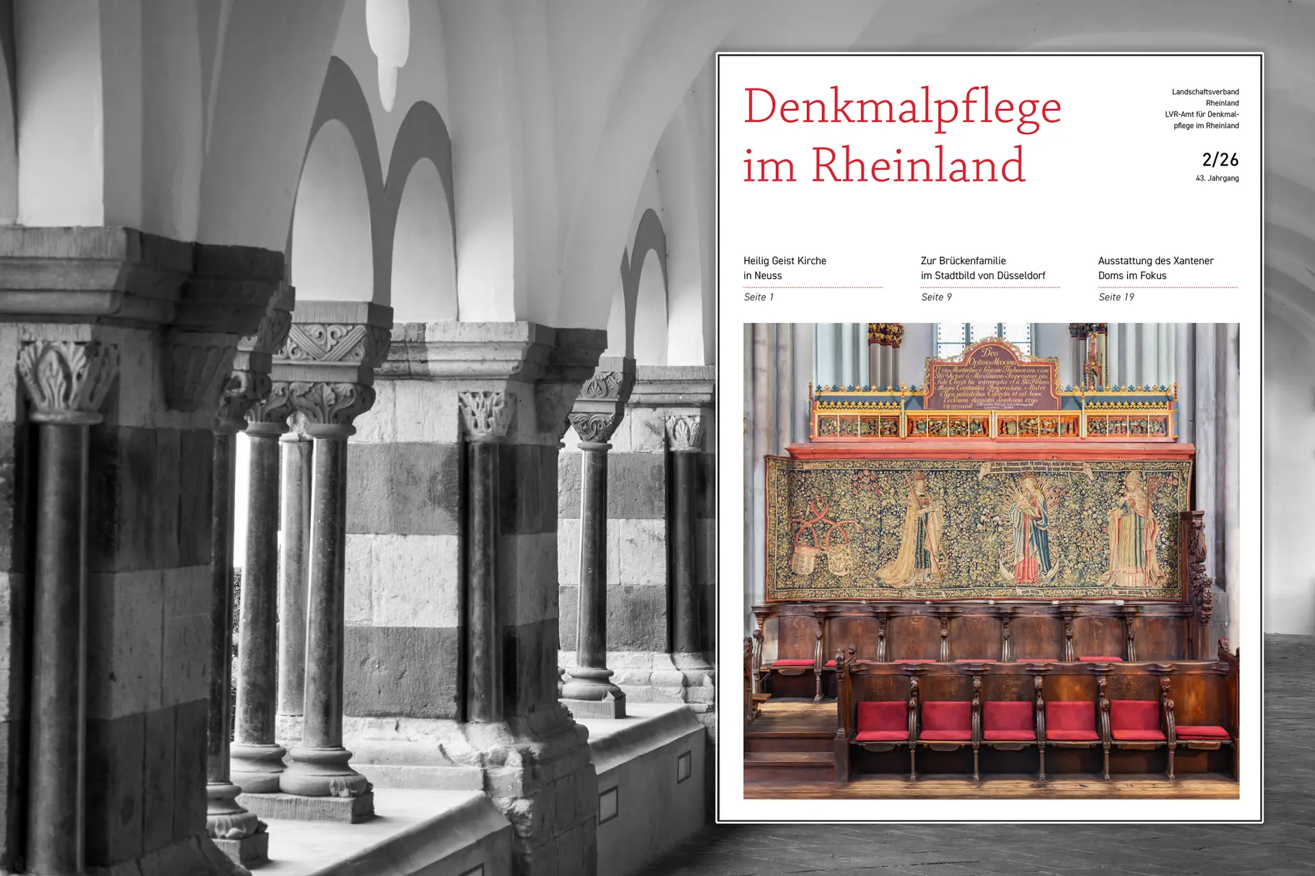 Brauweiler Kreuzgang mit darauf montiertem Titelbild der Zeitschrift Denkmalpflege im Rheinland.