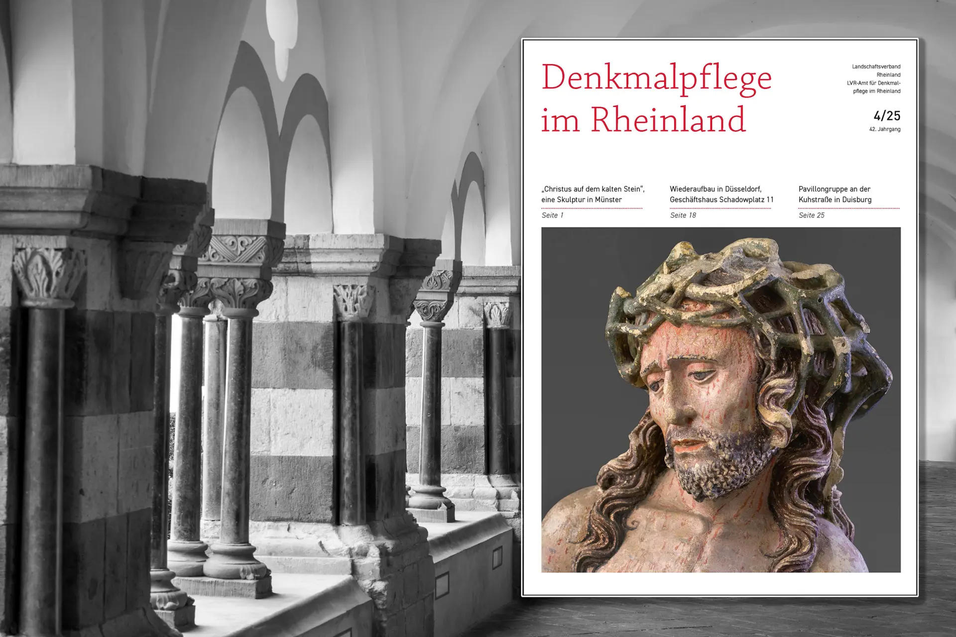 Brauweiler Kreuzgang mit darauf montiertem Titelbild der Zeitschrift Denkmalpflege im Rheinland.