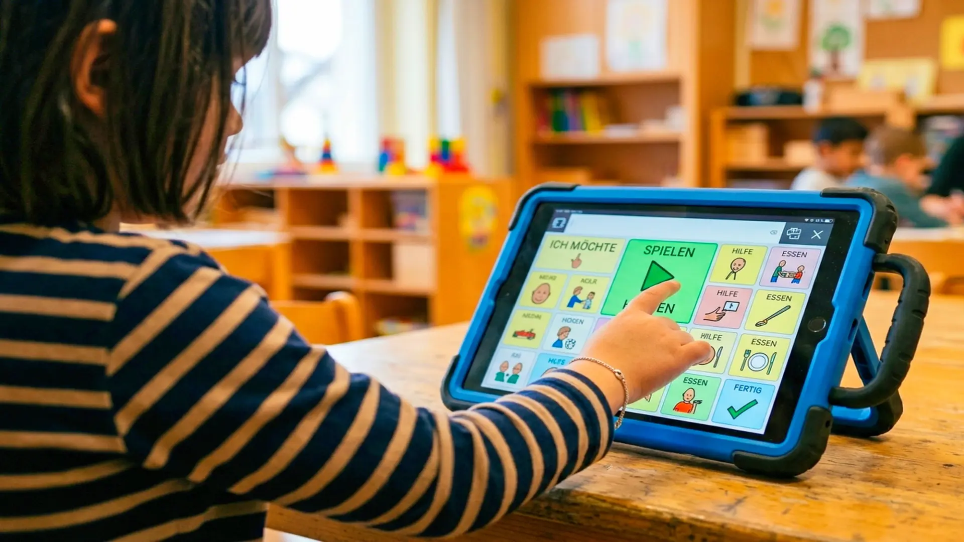 Ein Kind bedient in einem Klassenzimmer einen Talker. Die Hand tippt auf ein buntes Symbolfeld zur unterstützten Kommunikation.