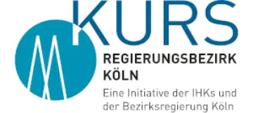  Logo der Bildungsinitiative KURS. Links ein türkisfarbener Kreis mit weißen Umrissen des Doms. Als Text: KURS – Regierungsbezirk Köln. Eine Initiative der IHKs und der Bezirksregierung Köln.