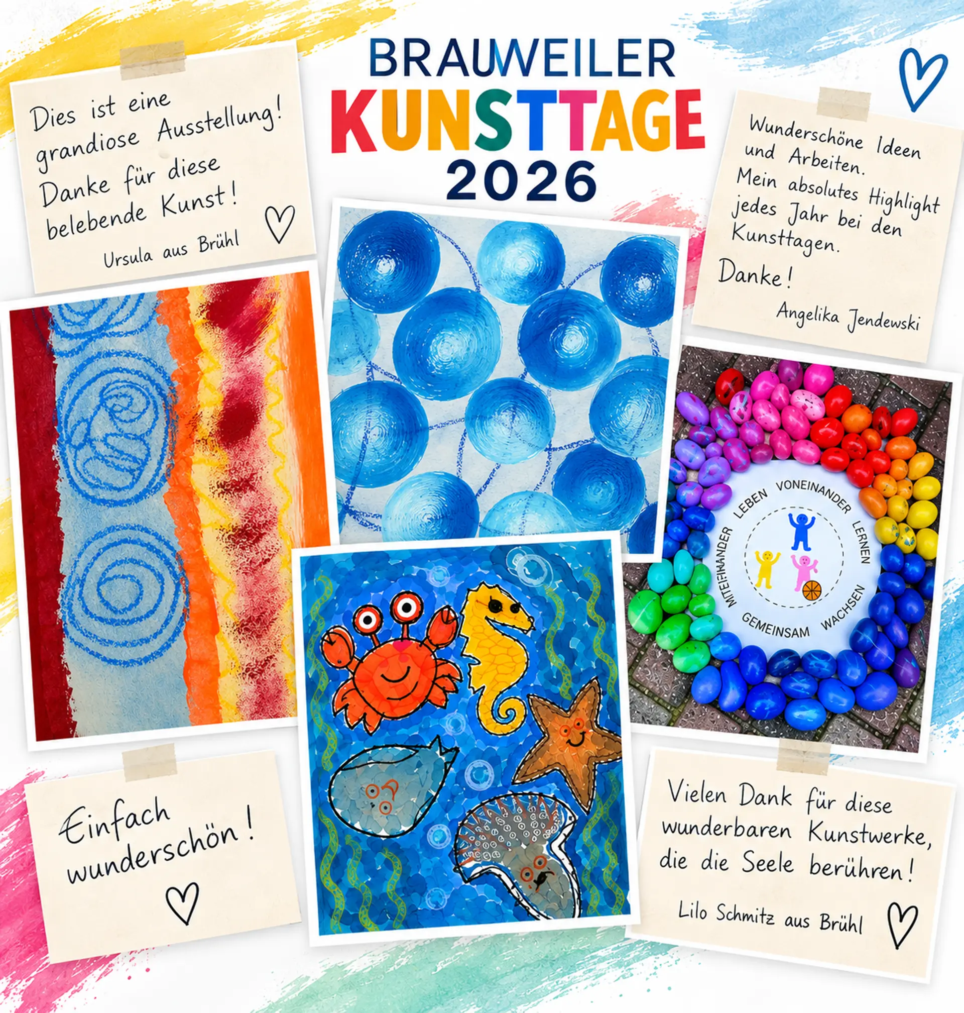 Eine Collage mit Kunstwerken unserer Schüler*innen und folgenden Statements: Dies ist eine grandiose Ausstellung! Danke für diese belebende Kunst! Wunderschöne Ideen und Arbeiten. Mein absolutes Highlight jedes Jahr bei den Kunsttagen. Danke! Vielen Dank für diese wunderbaren Kunstwerke, die die Seele berühren! Einfach wunderschön!