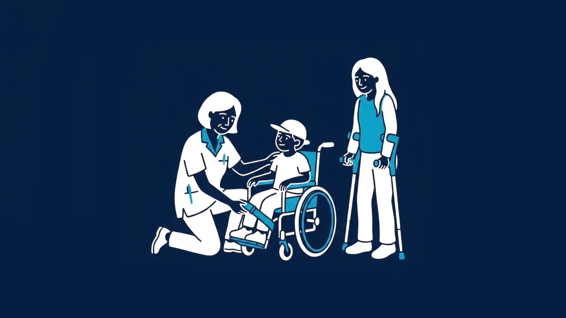 Illustration: Eine Pflegekraft unterstützt ein Kind im Rollstuhl, daneben steht ein Mädchen mit Gehhilfen. Grafischer Stil in Dunkelblau, Hellblau und Weiß.